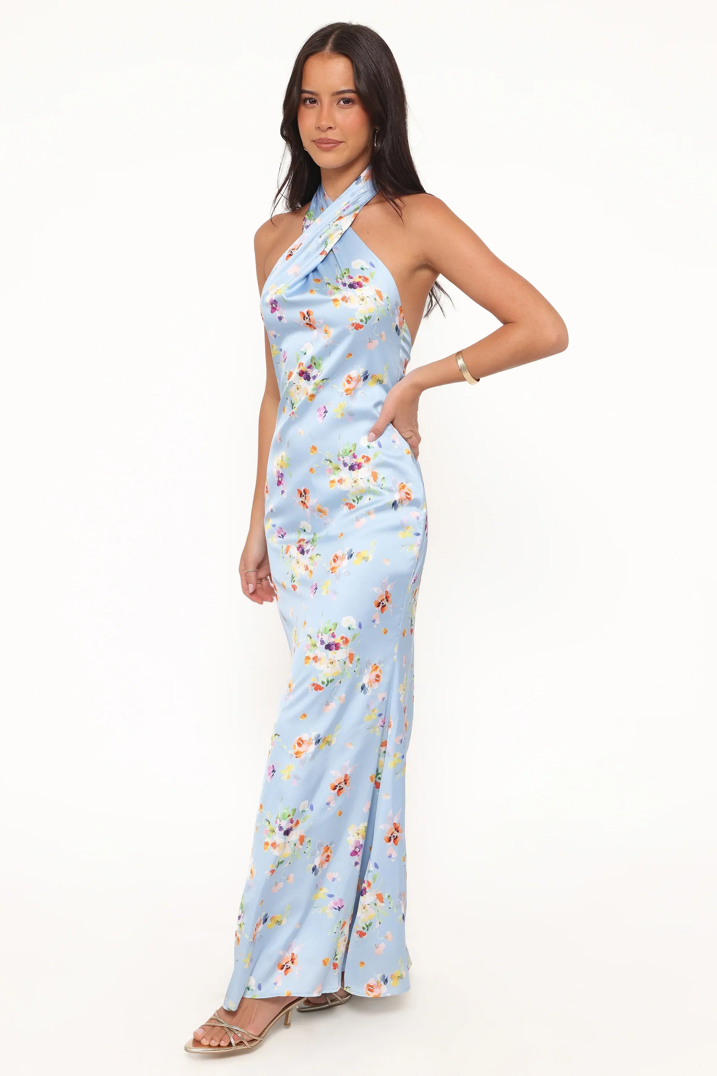 Robe longue à encolure américaine Mila - Bleu bleuet fleuri