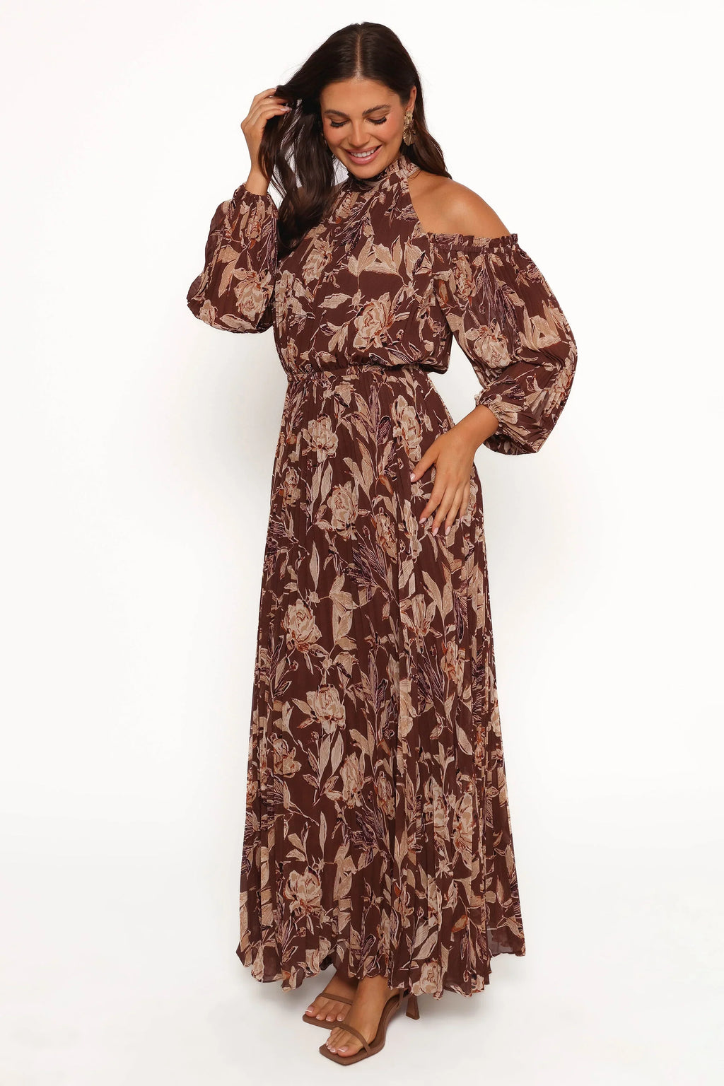 Robe longue plissée Hilary - Imprimé floral marron