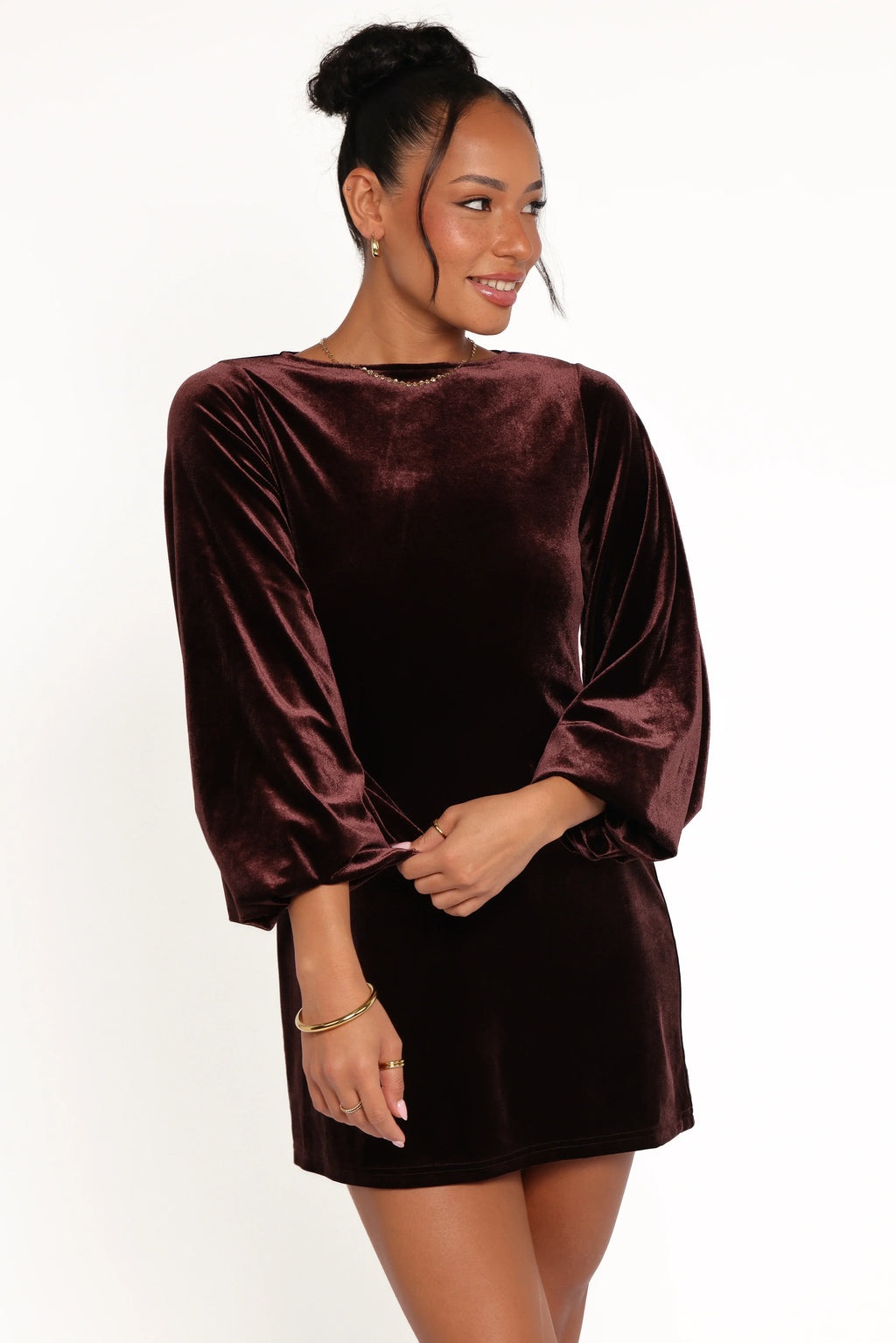 Mini-robe en velours Twylar à manches longues - Marron