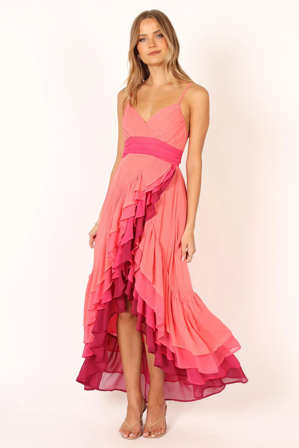 Robe longue étagée BomBon - Rose corail vif