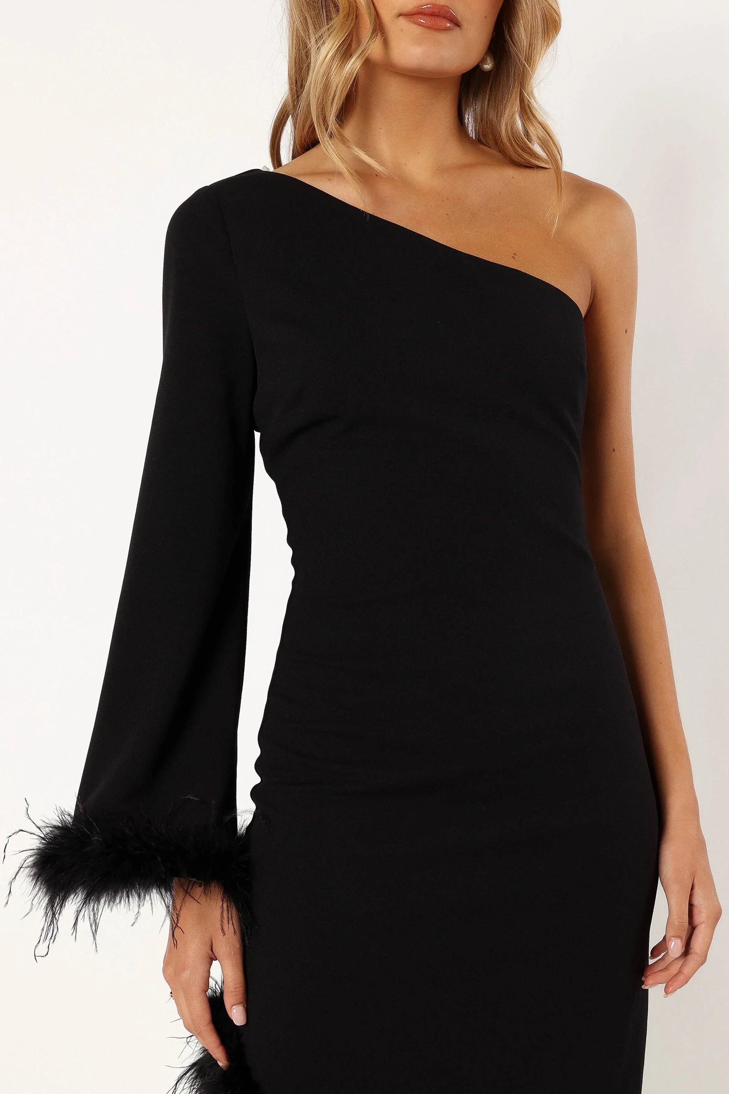 Robe midi asymétrique en plumes pour femme - Noire