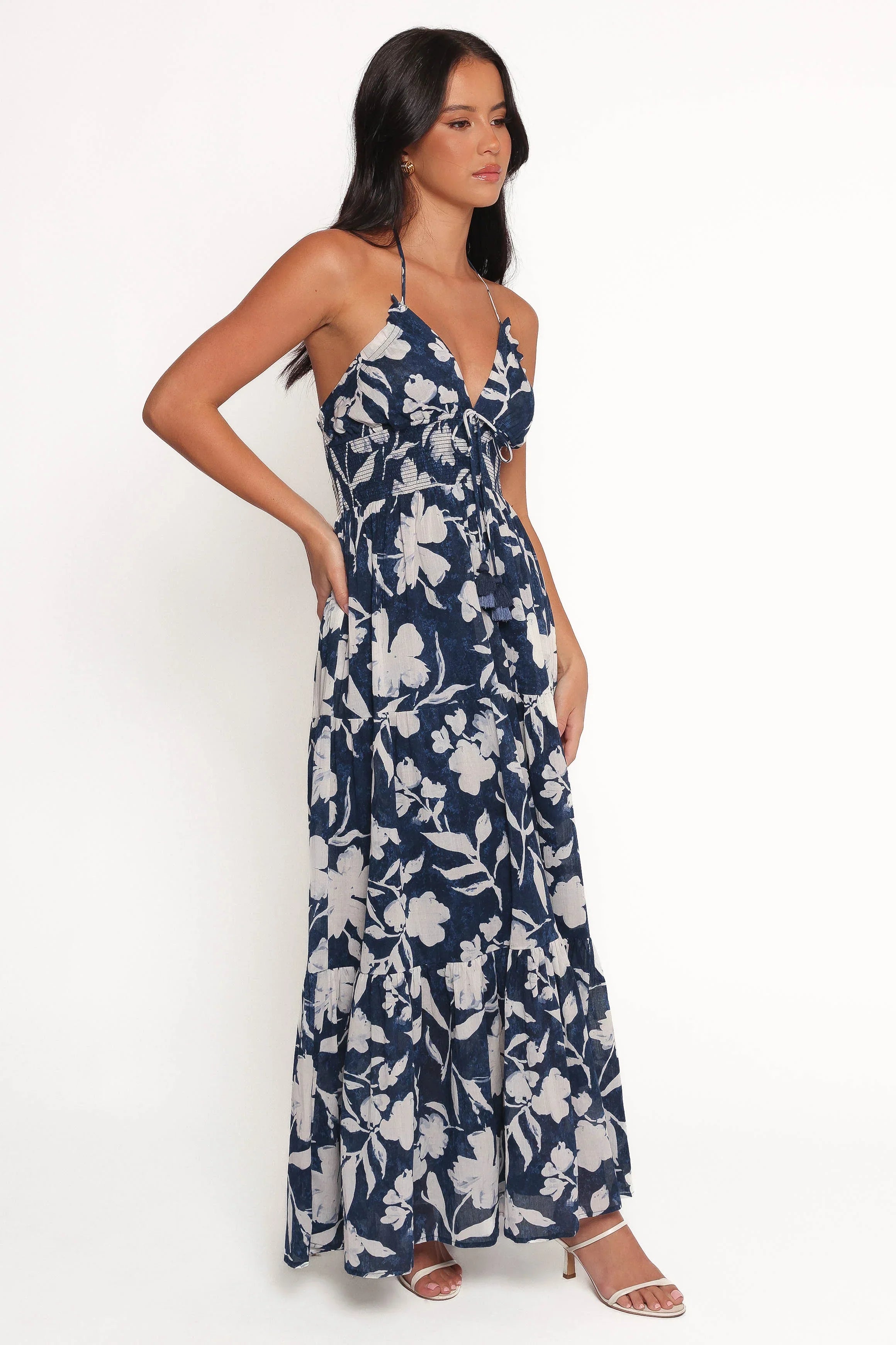 Robe longue Coralie - Bleu marine et pivoine