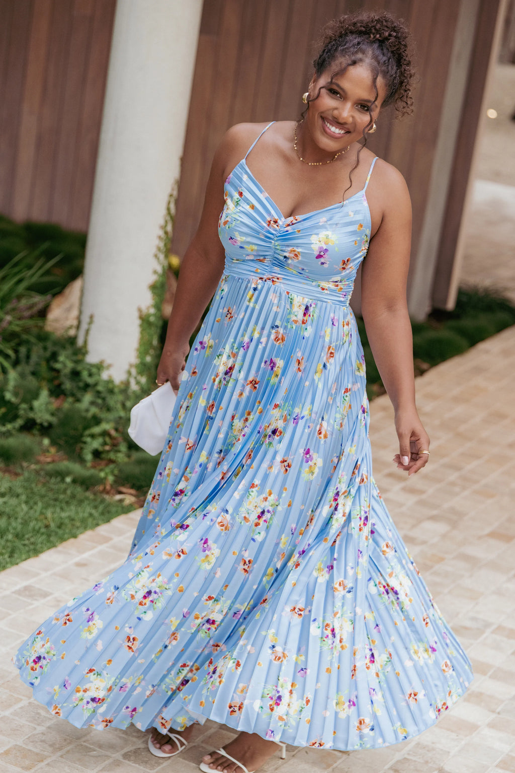Robe longue plissée Naira - Imprimé floral bleuet