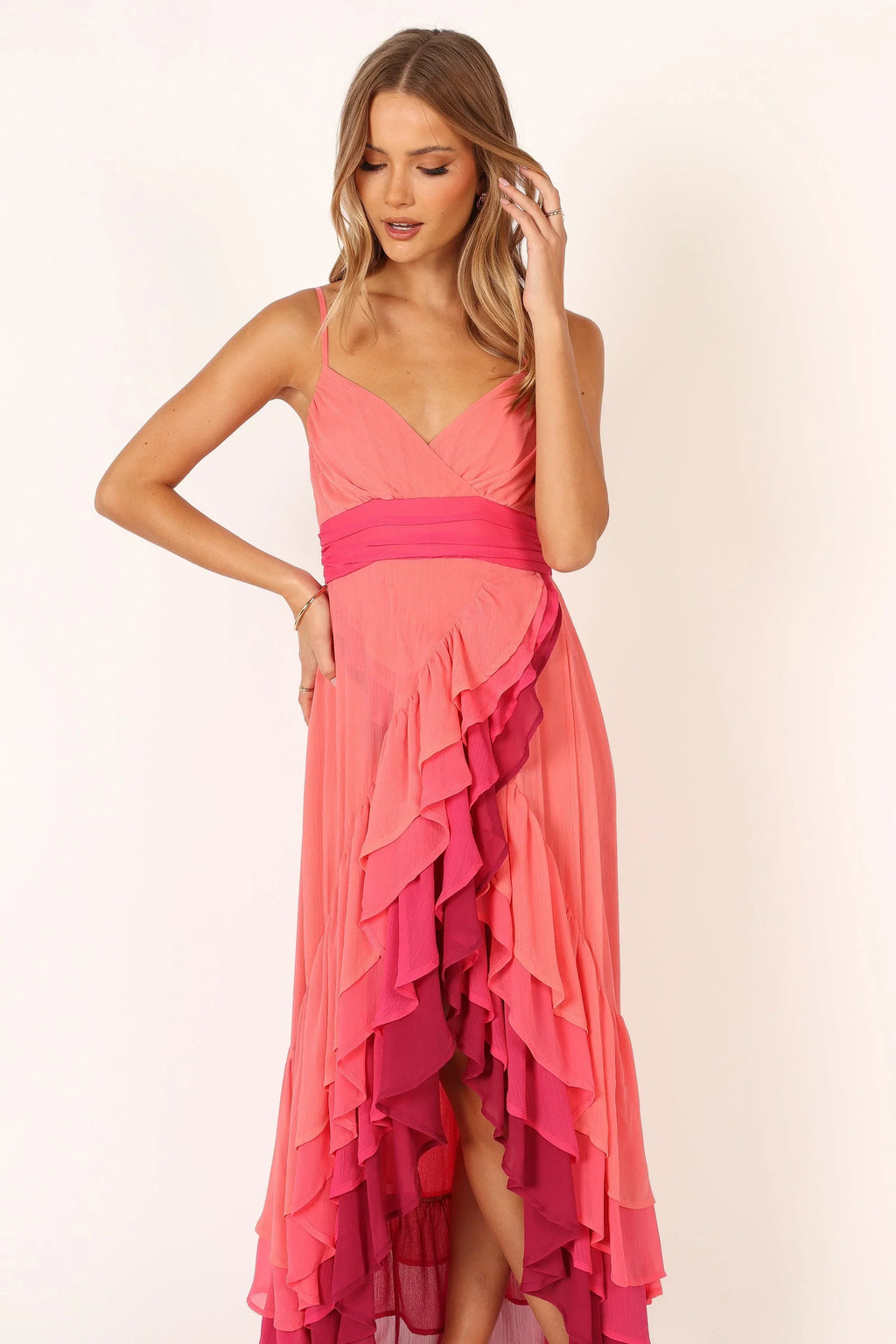 Robe longue étagée BomBon - Rose corail vif