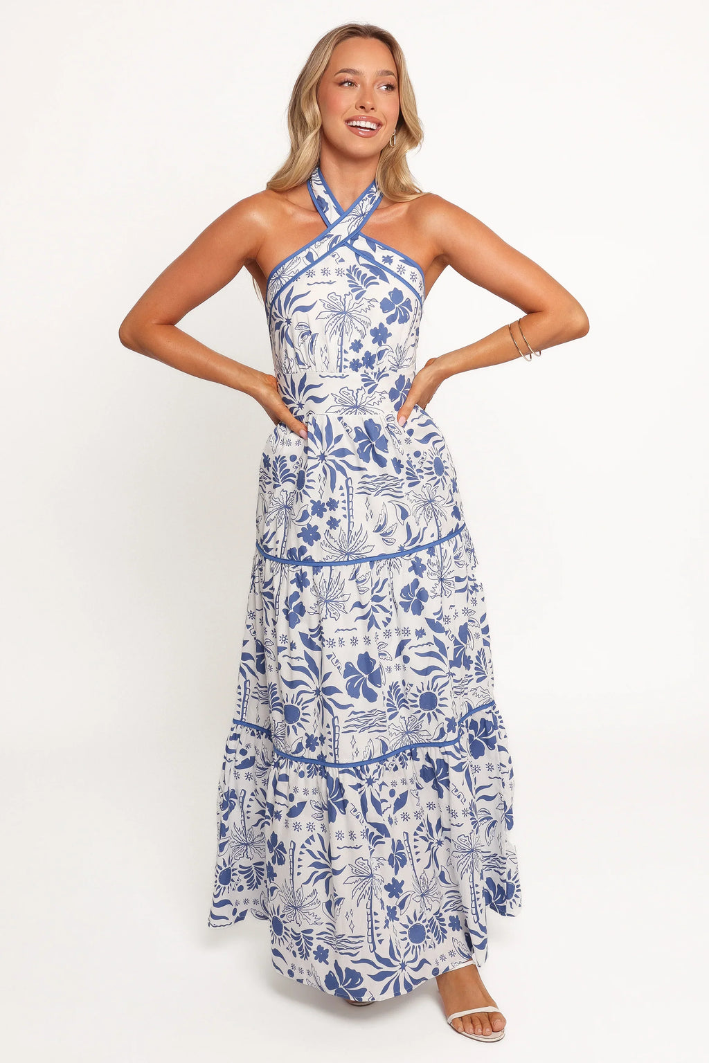 Robe longue Fernanda à col montant - Tropical bleu