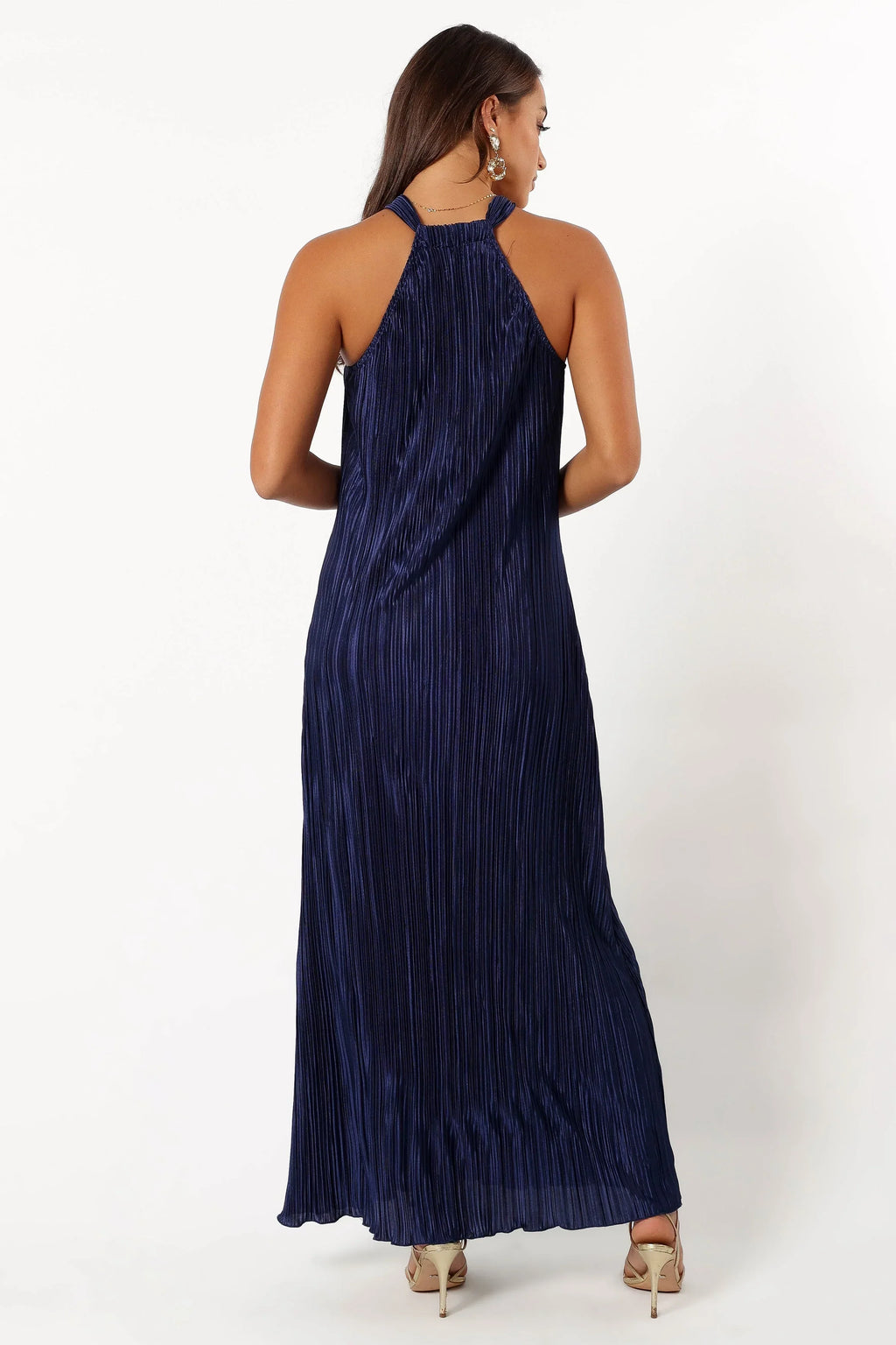 Robe longue plissée à col montant Melody - Marine