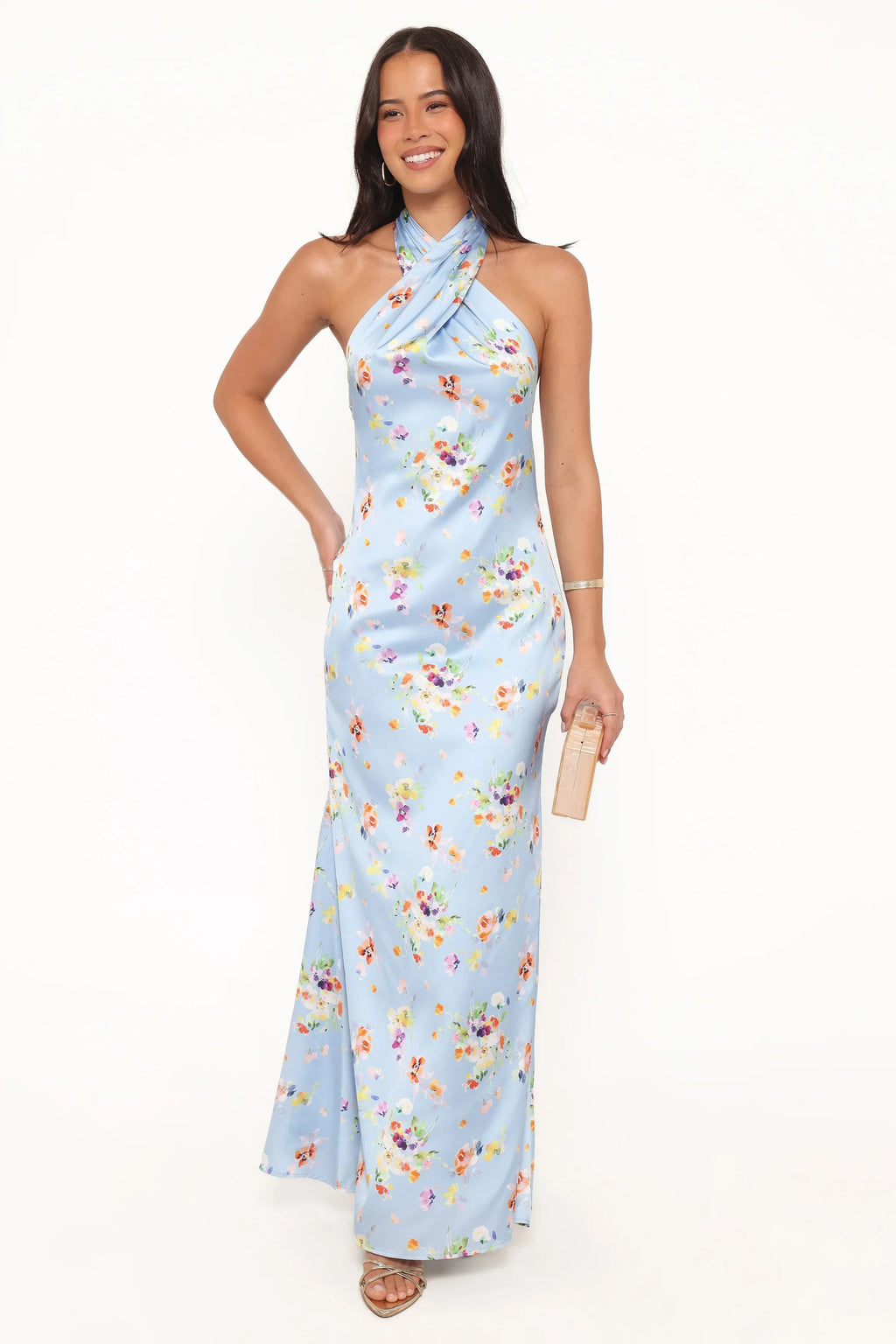Robe longue à encolure américaine Mila - Bleu bleuet fleuri