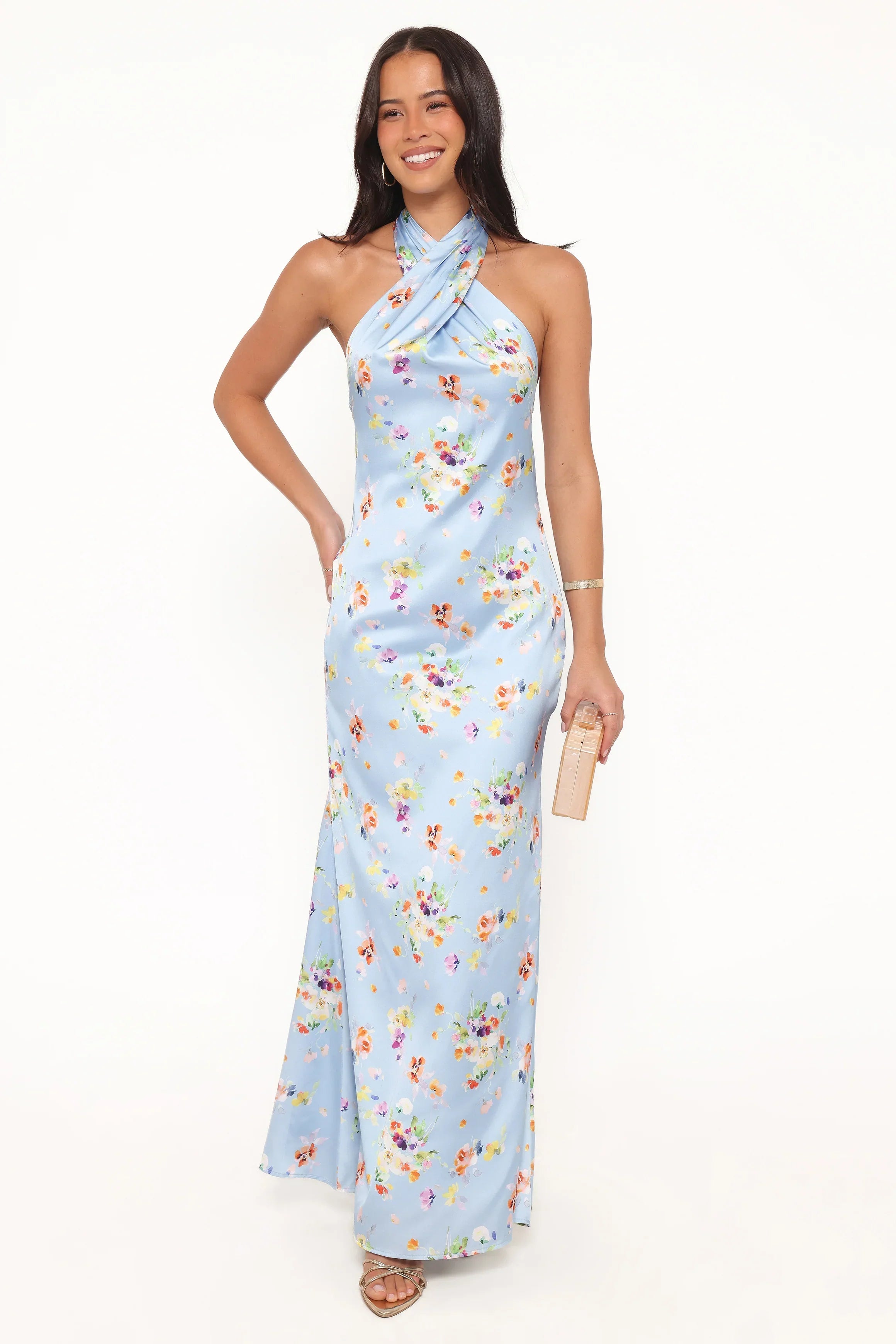 Robe longue à encolure américaine Mila - Bleu bleuet fleuri