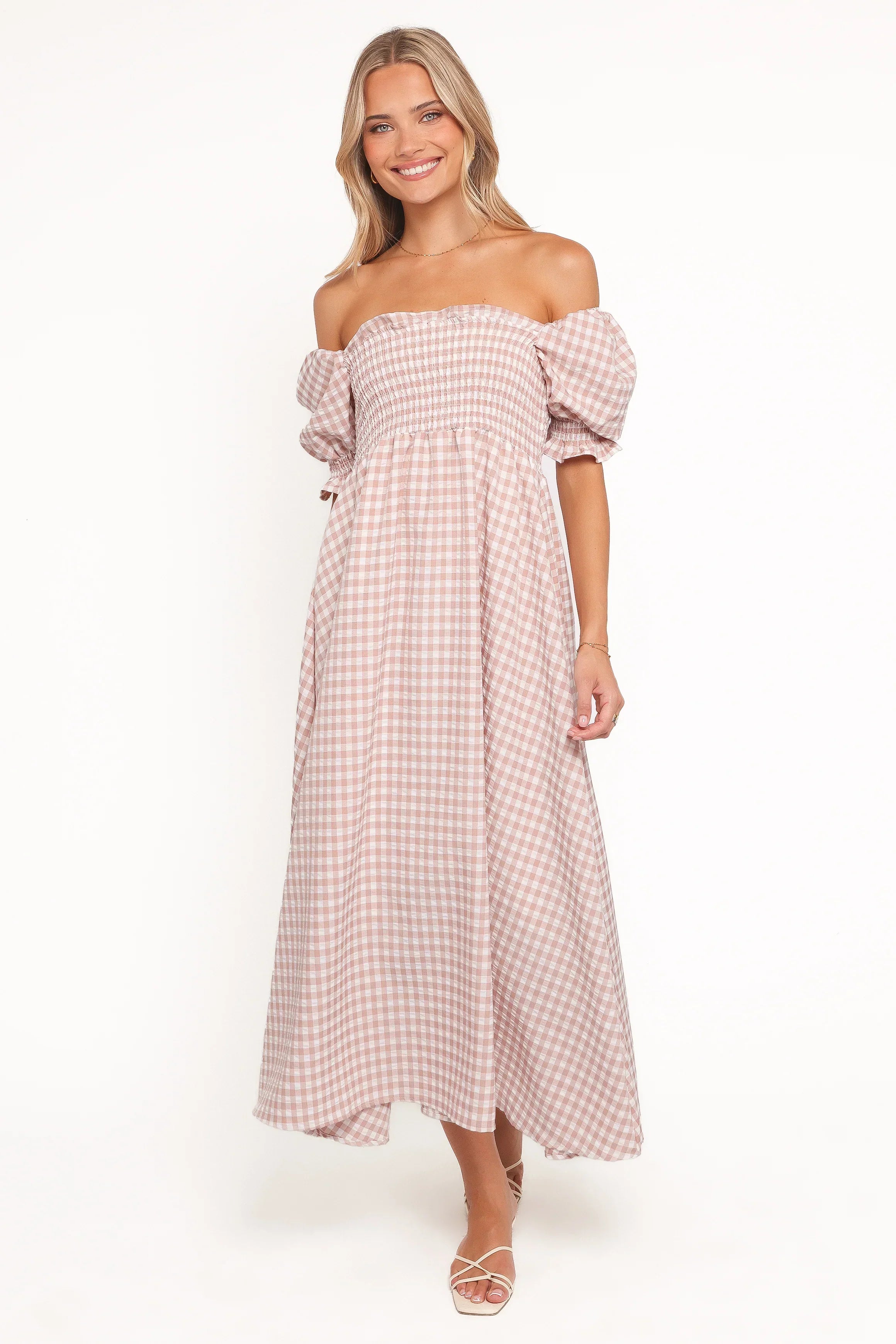 Siun Short Sleeve Midi Dress - Brown Gingham