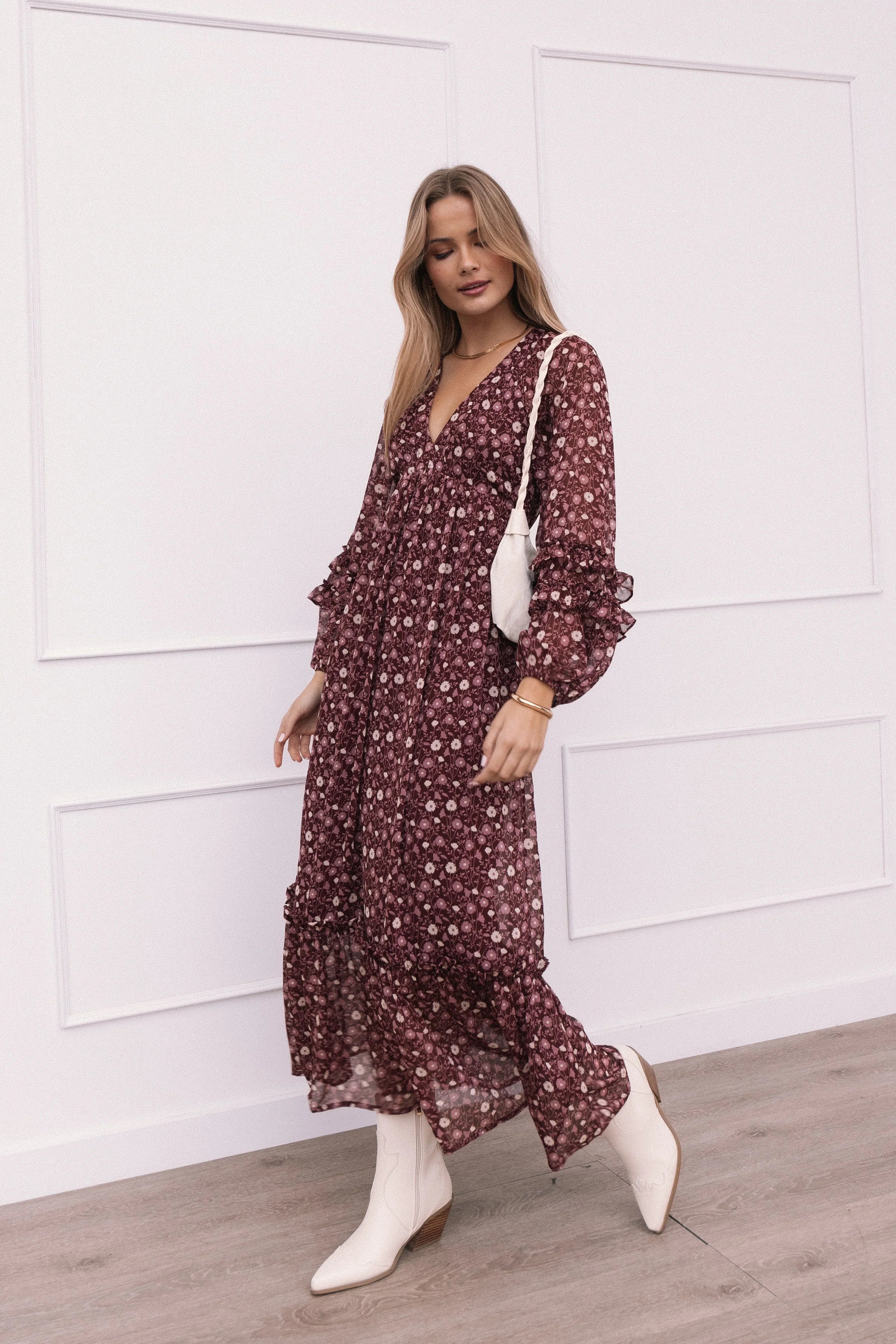 Evian Long Sleeve Maxi Dress - Burgundy Multi