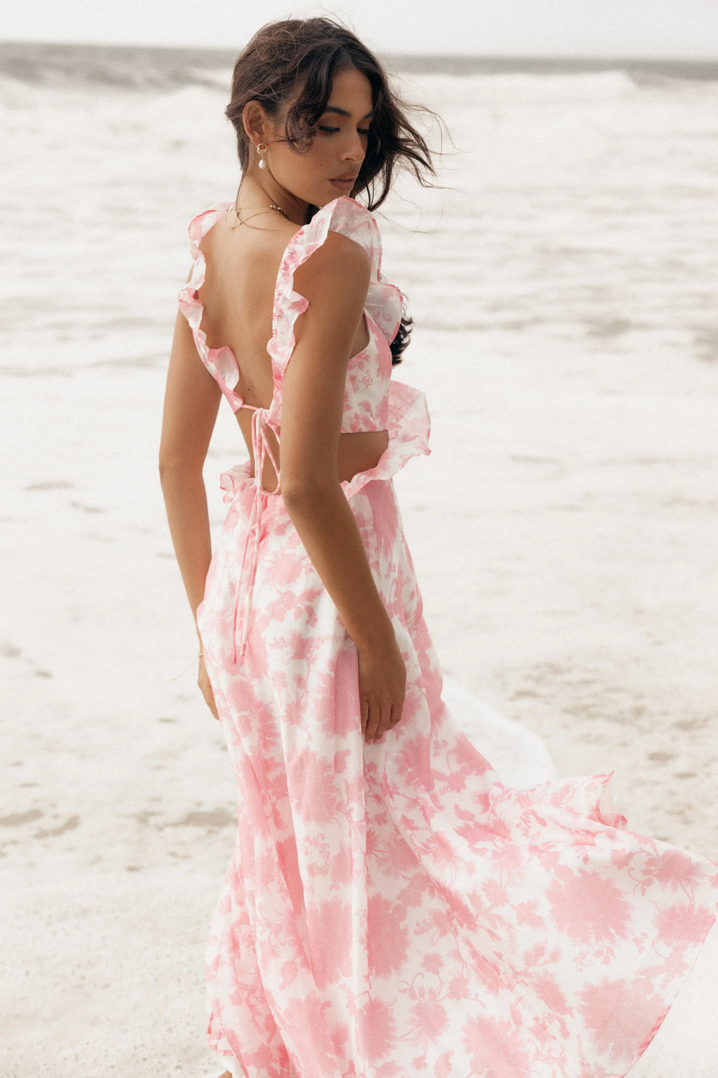Robe longue Rori Ruffle – Imprimé floral rose