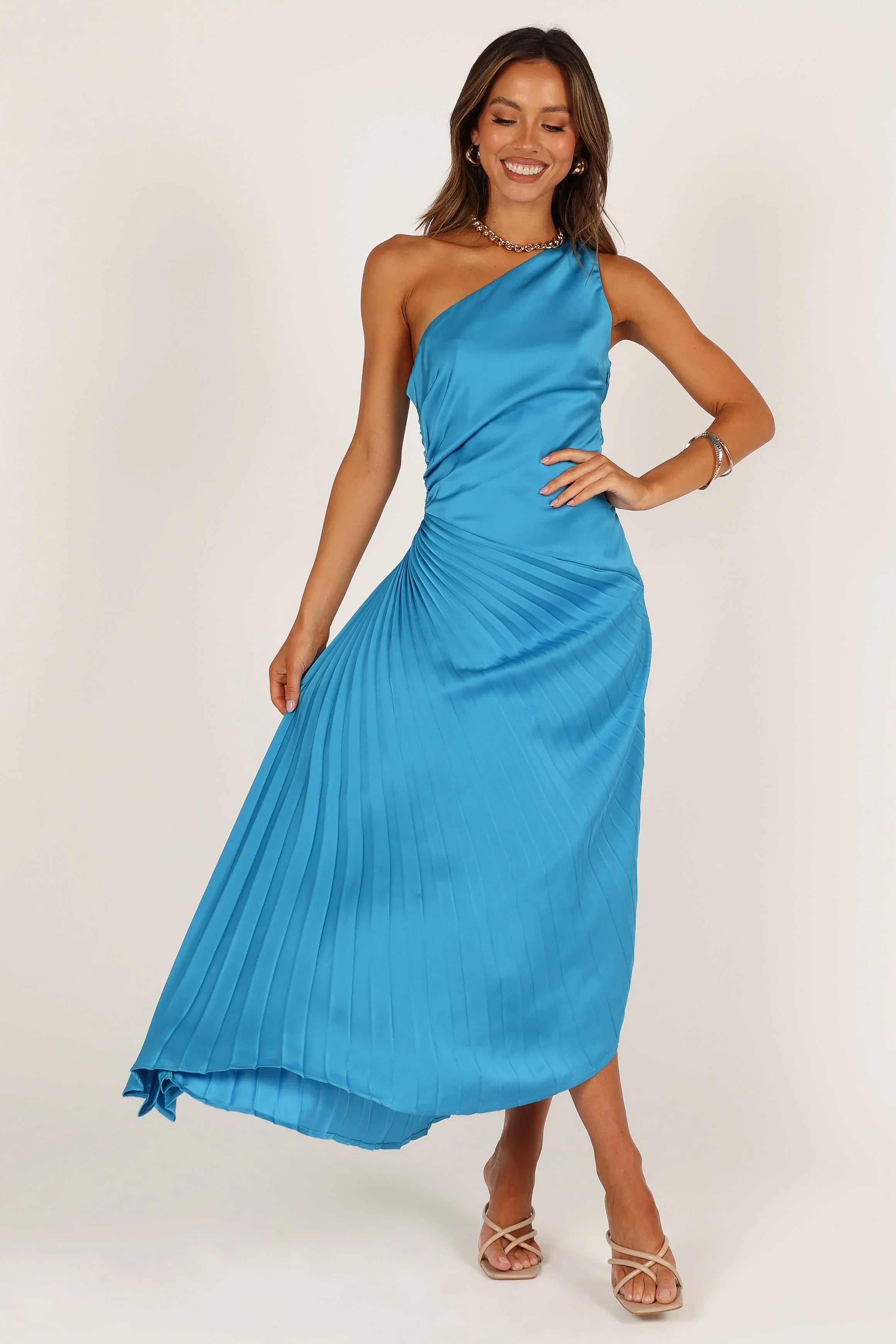 Robe midi plissée à une épaule Flin - Bleu