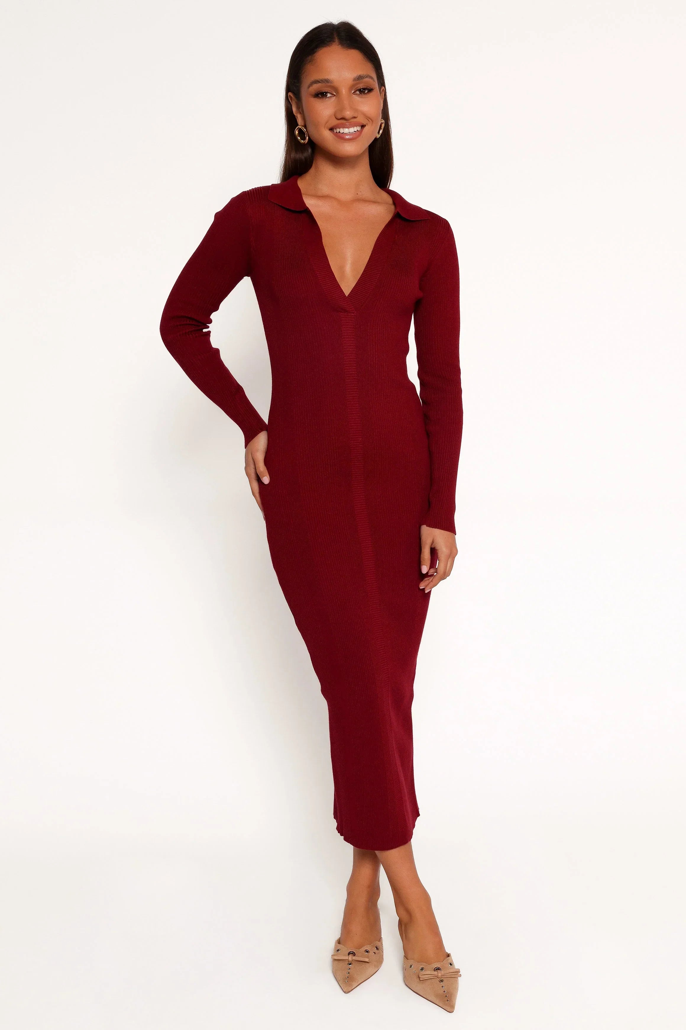 Robe midi à manches longues Collins - Couleur vin