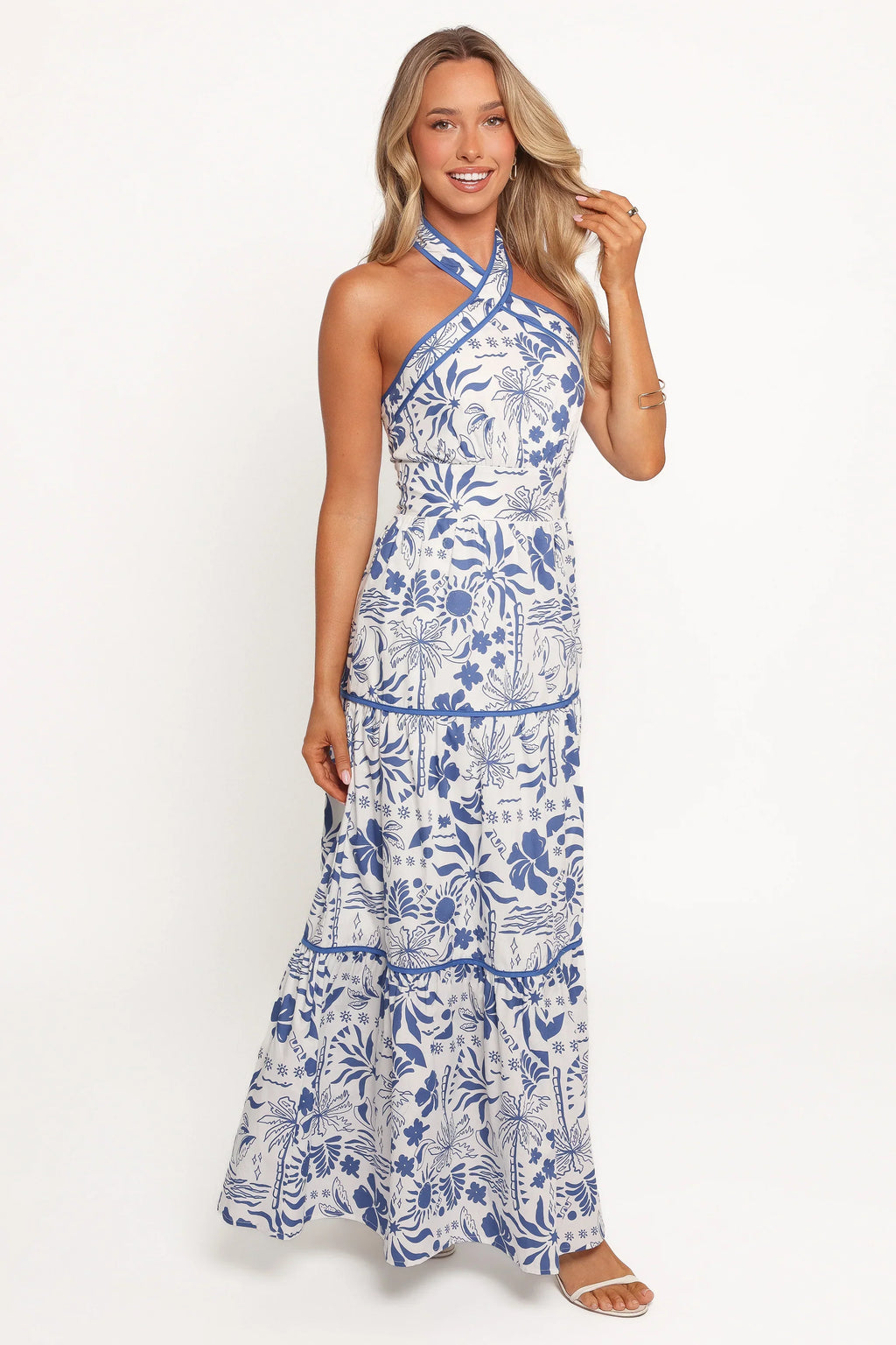 Robe longue Fernanda à col montant - Tropical bleu