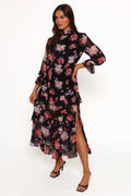 Robe longue Isadora à manches longues – Imprimé floral flou noir