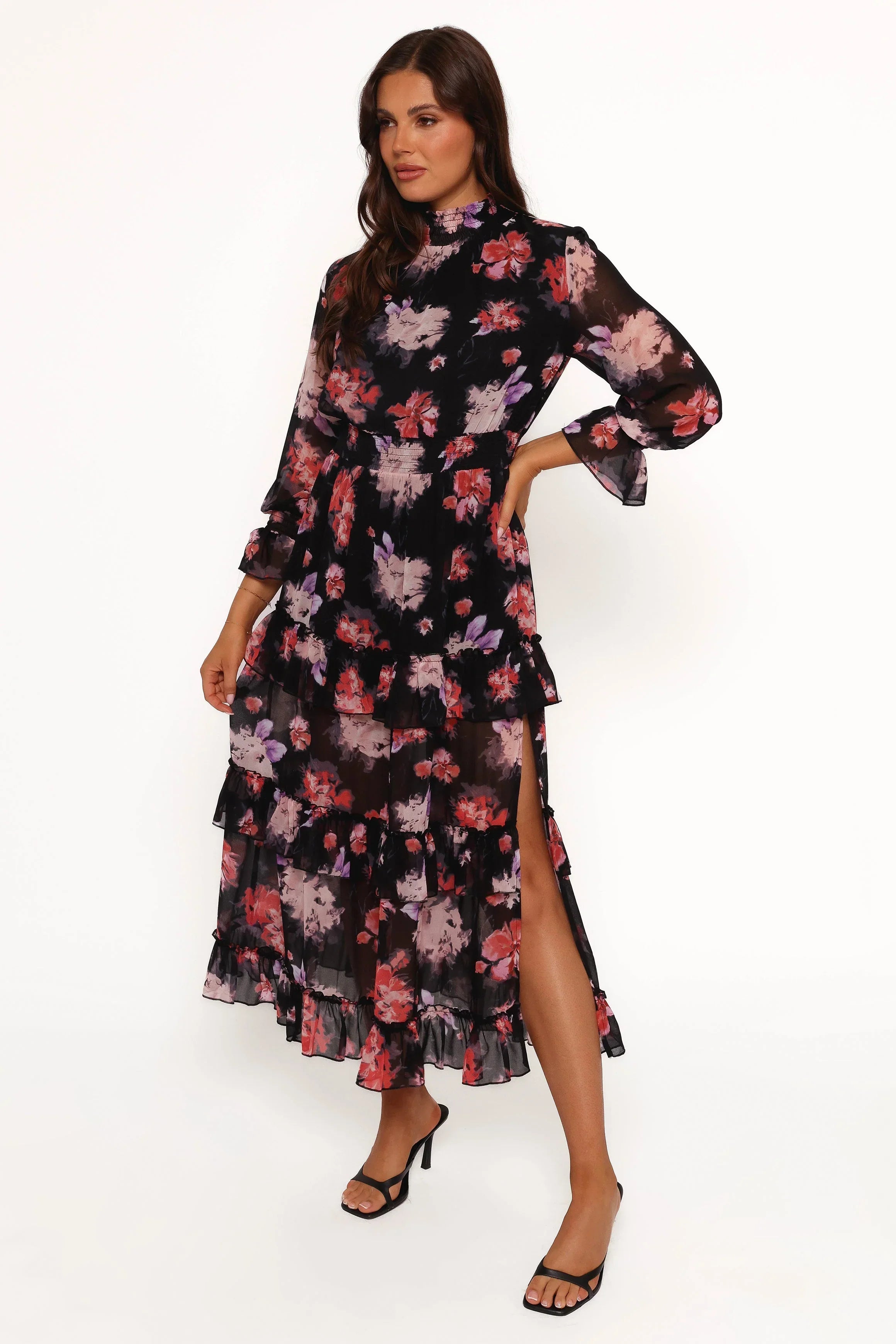 Robe longue Isadora à manches longues – Imprimé floral flou noir