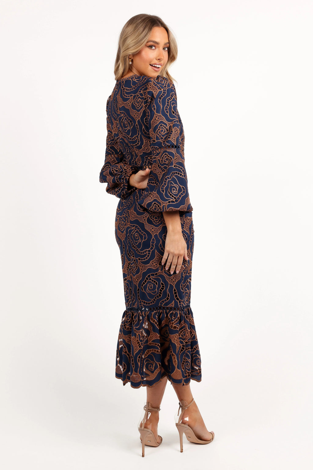 Robe longue Pierre à manches longues en dentelle - Bleu marine