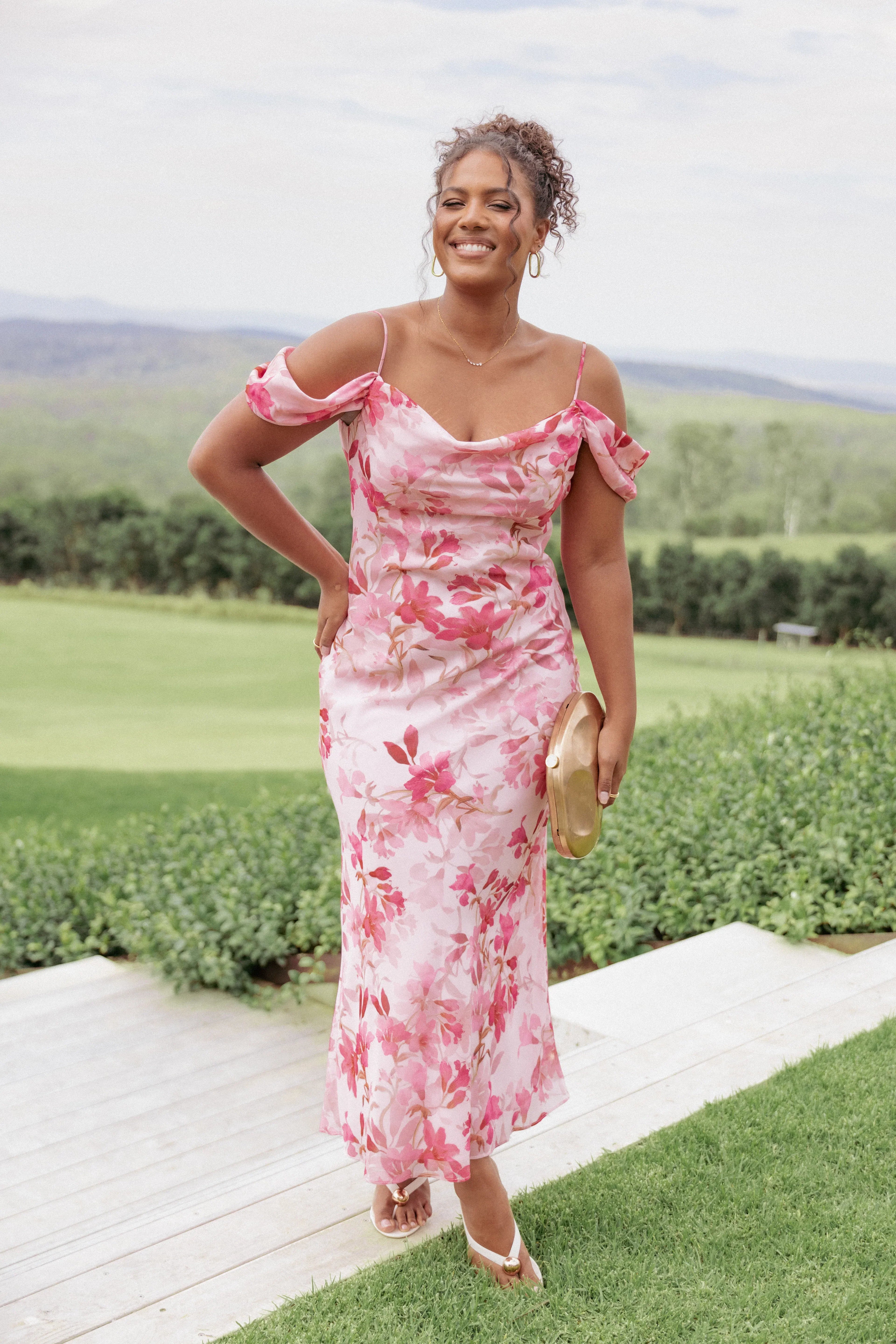 Robe mi-longue Esther - Imprimé fleuri rose