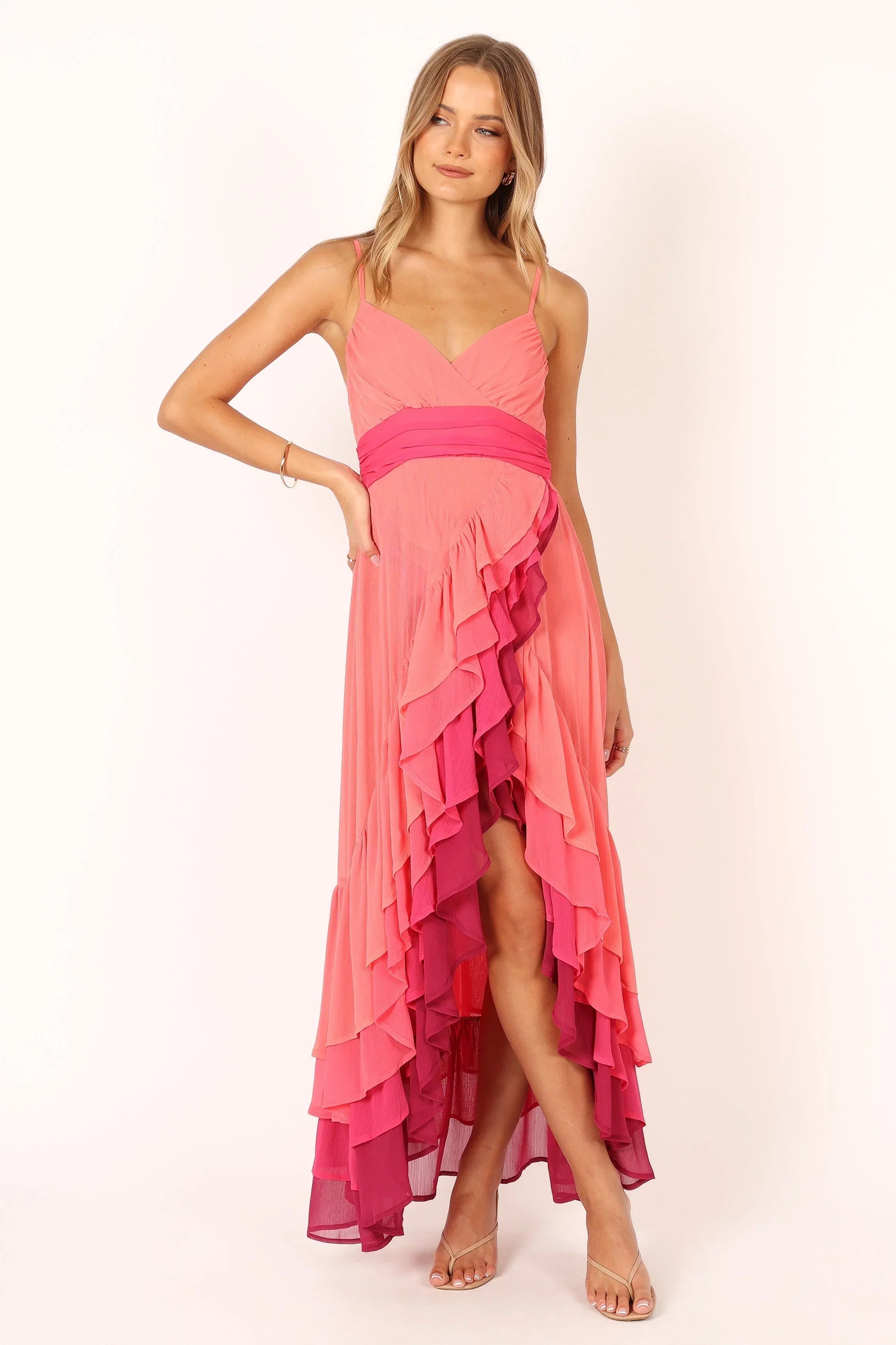 Robe longue étagée BomBon - Rose corail vif