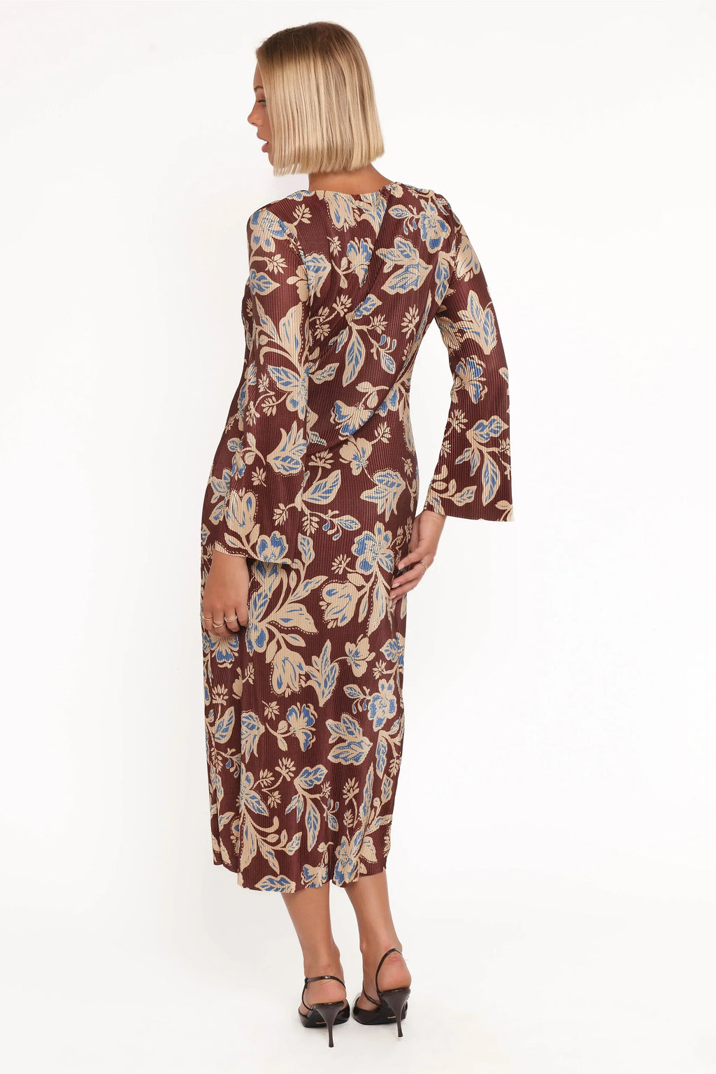 Robe Midi Manches Longues Morena - Motif Floral Marron
