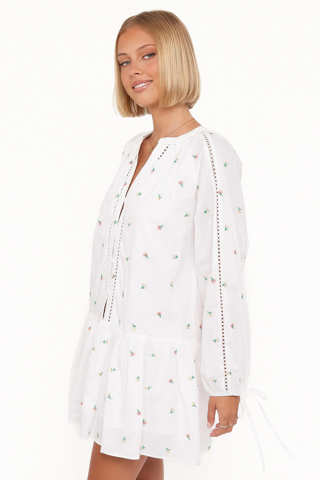 Robe mini à manches longues Hart - Fleurie blanche