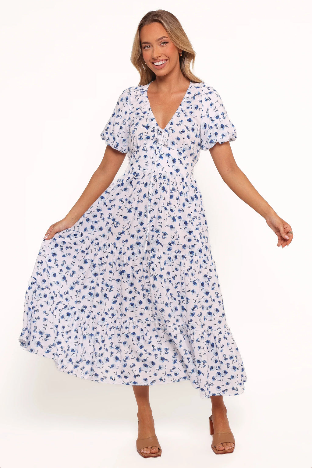Robe longue Roberts - Motif floral bleu à petites fleurs