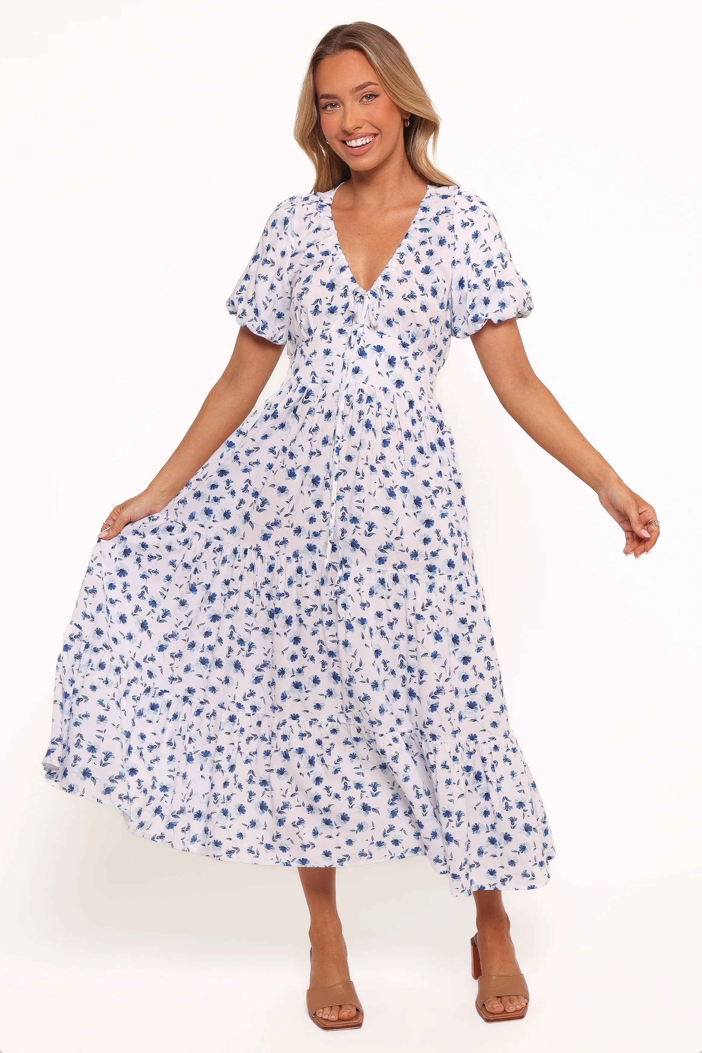 Robe longue Roberts - Motif floral bleu à petites fleurs