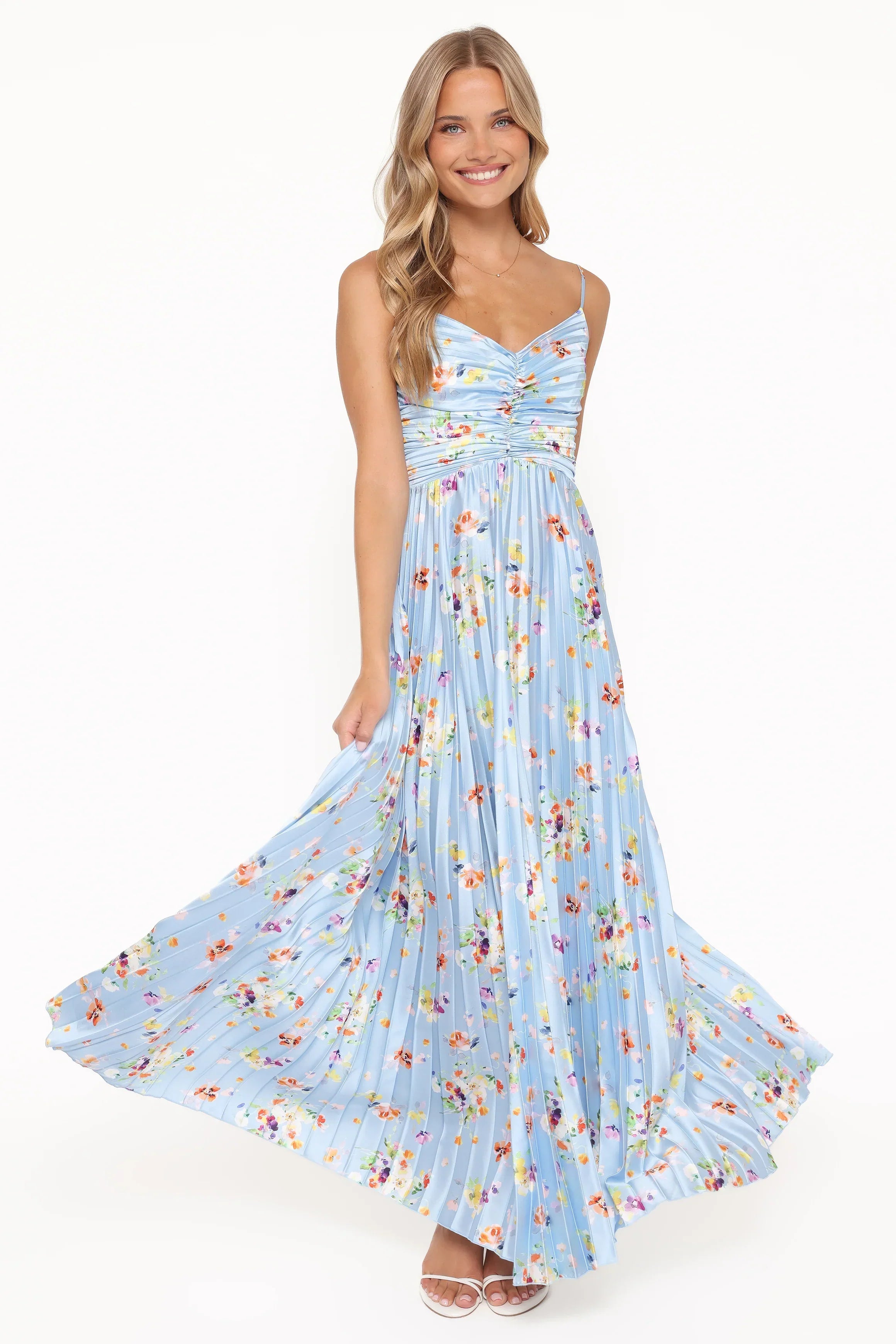Robe longue plissée Naira - Imprimé floral bleuet