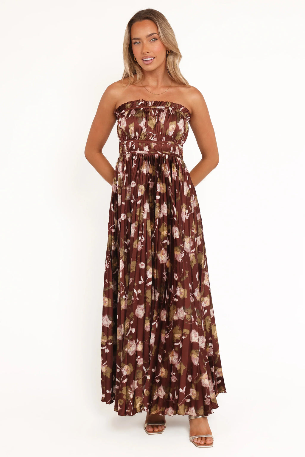 Robe longue bustier Angelique - Imprimé floral marron