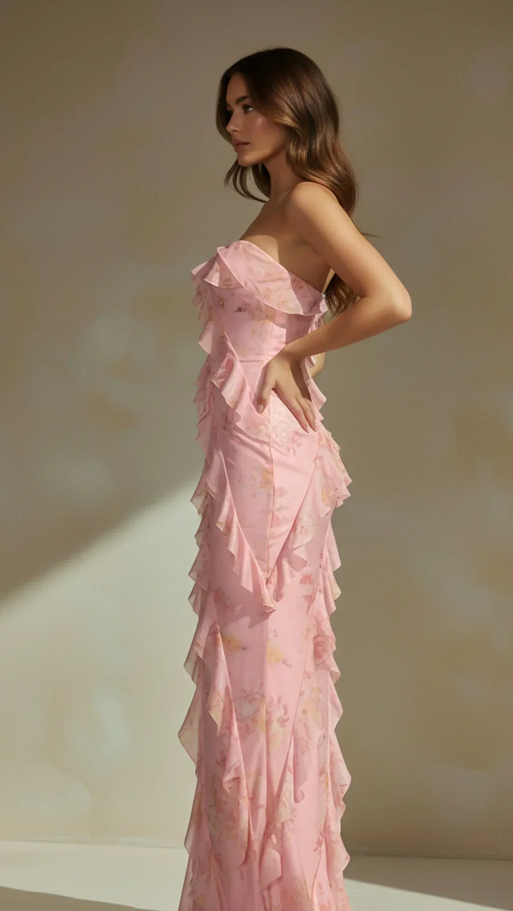 Elara Strapless Ruffle Maxi Dress