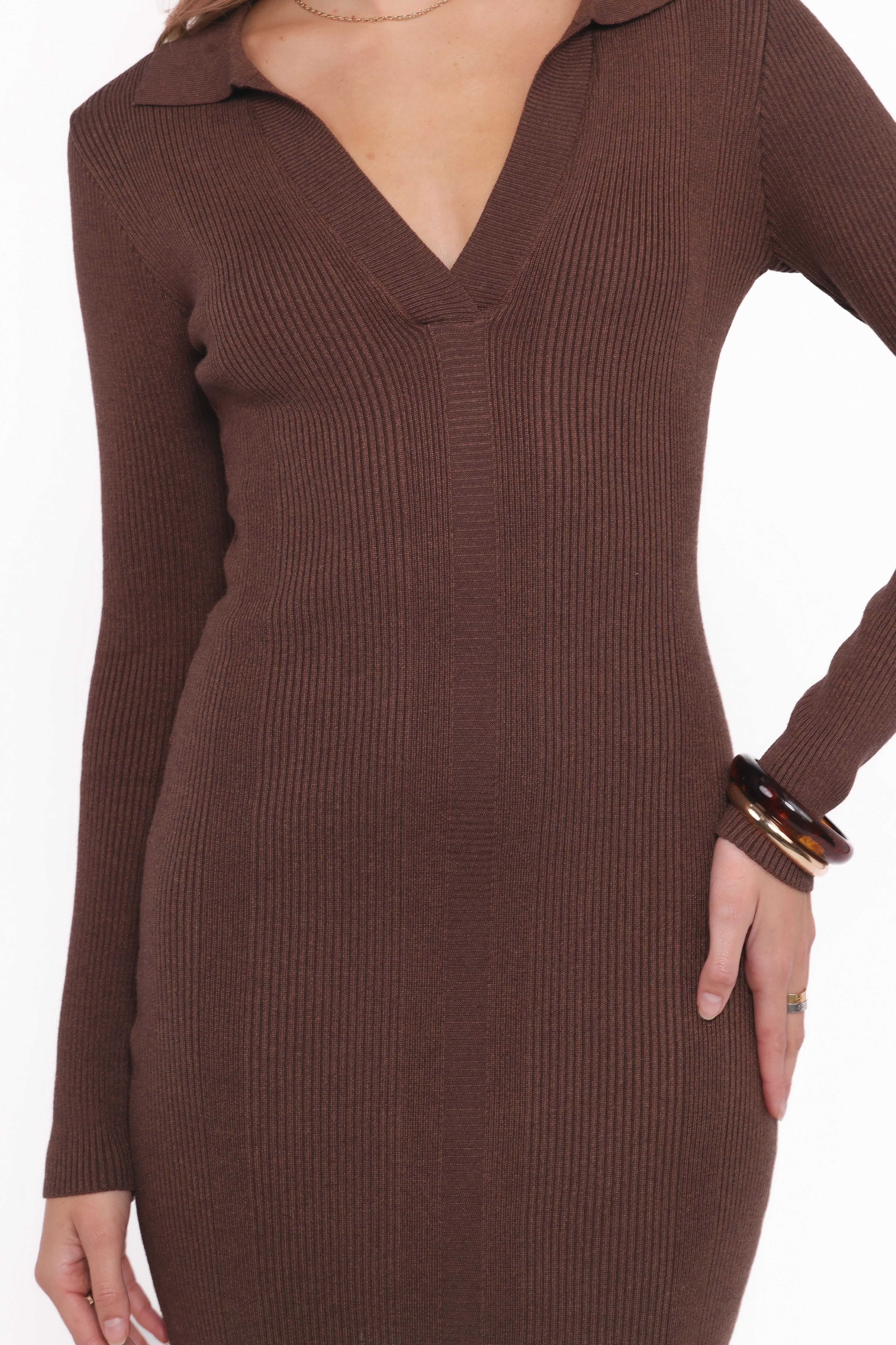 Robe longue mi-mollet Collins à manches longues - Chocolat