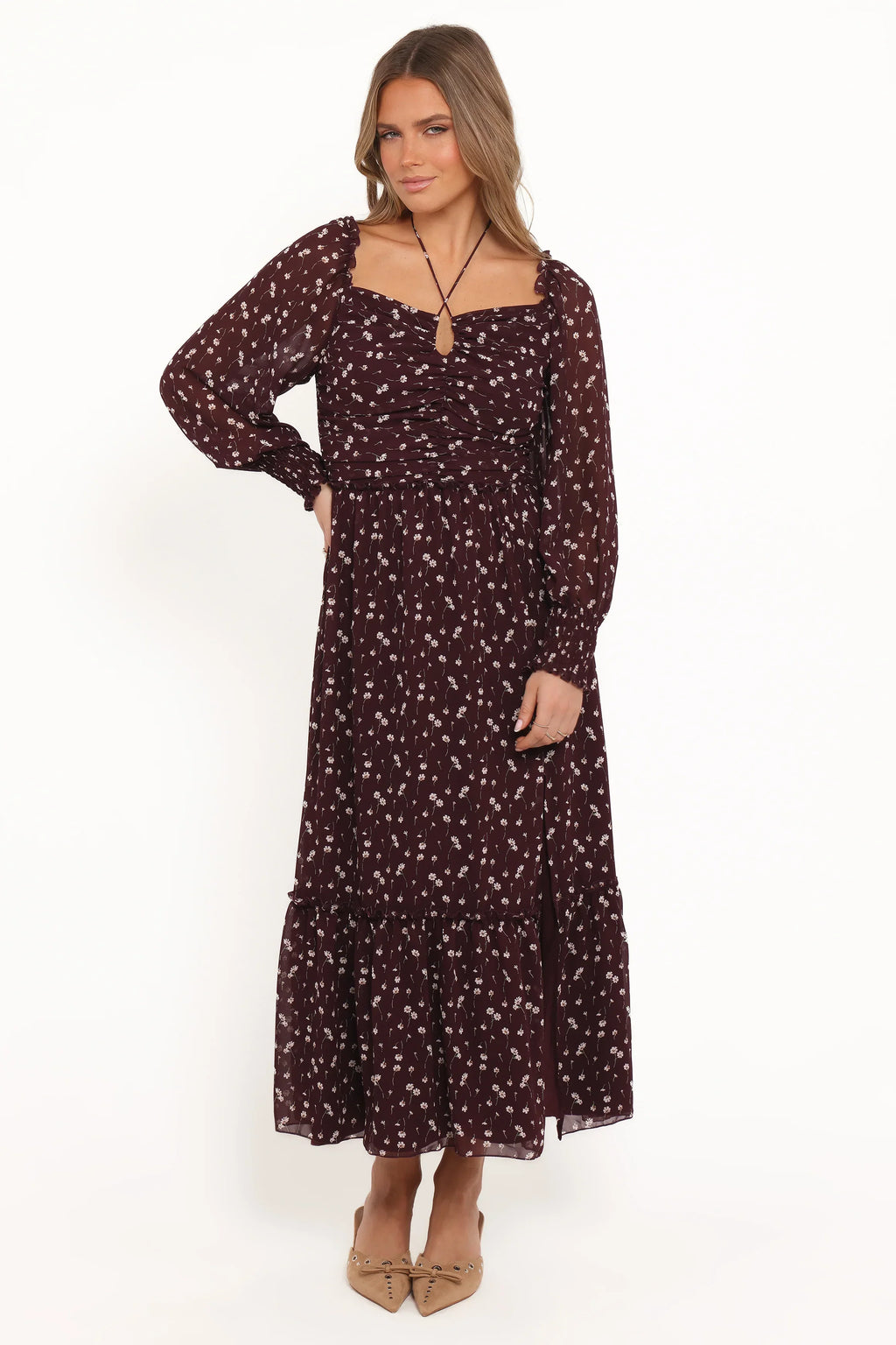 Robe longue Keziah à manches longues - Fleurie bordeaux