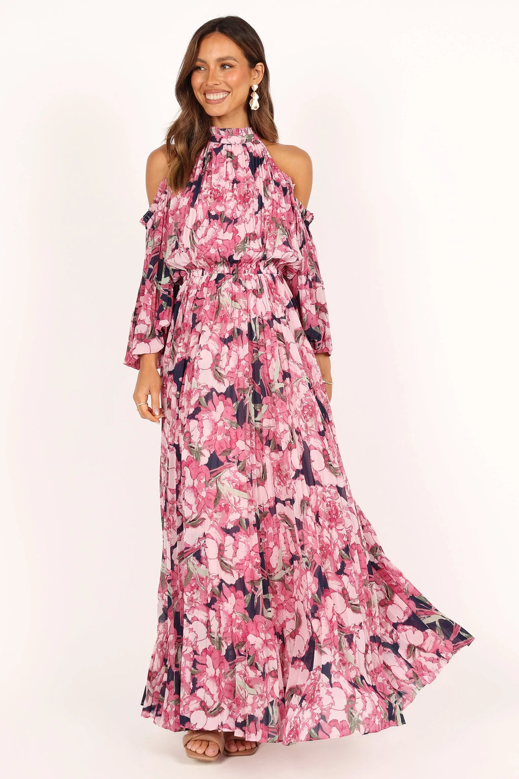 Robe longue plissée Hilary – Imprimé fleuri rose