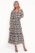 Robe midi asymétrique Faris – Imprimé géométrique noir
