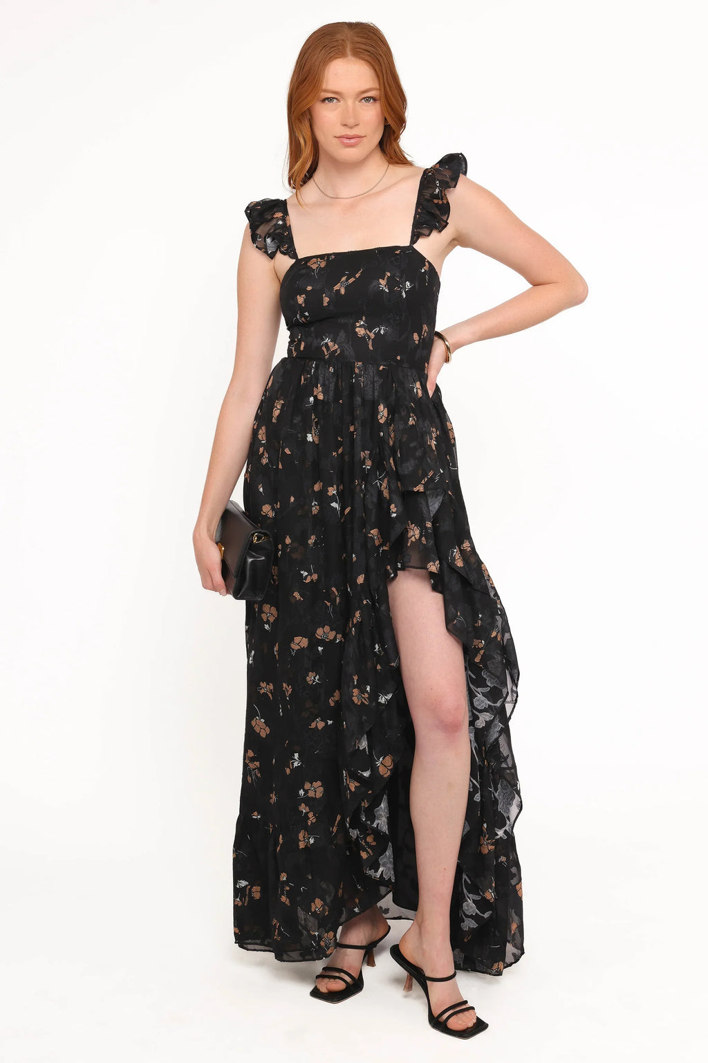 Robe longue Orielle - Imprimé floral noir/beige