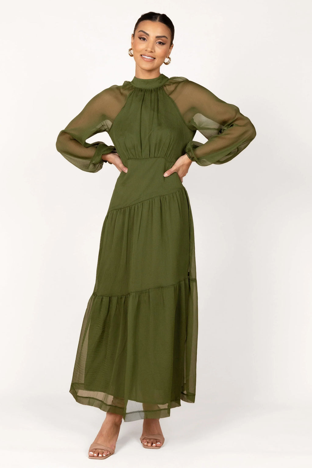 Robe longue maxi à manches longues Julip Sheer - Olive