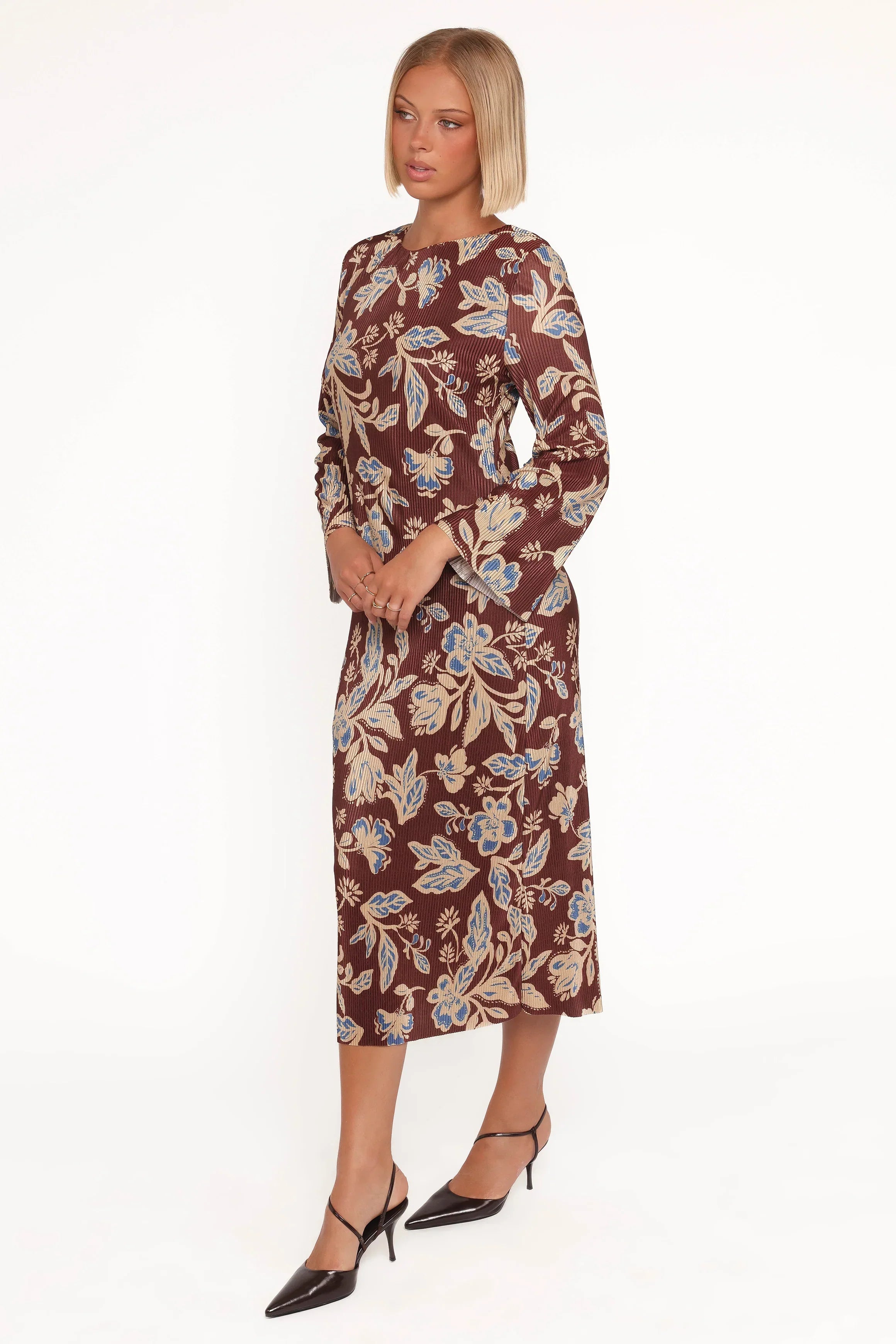 Robe Midi Manches Longues Morena - Motif Floral Marron