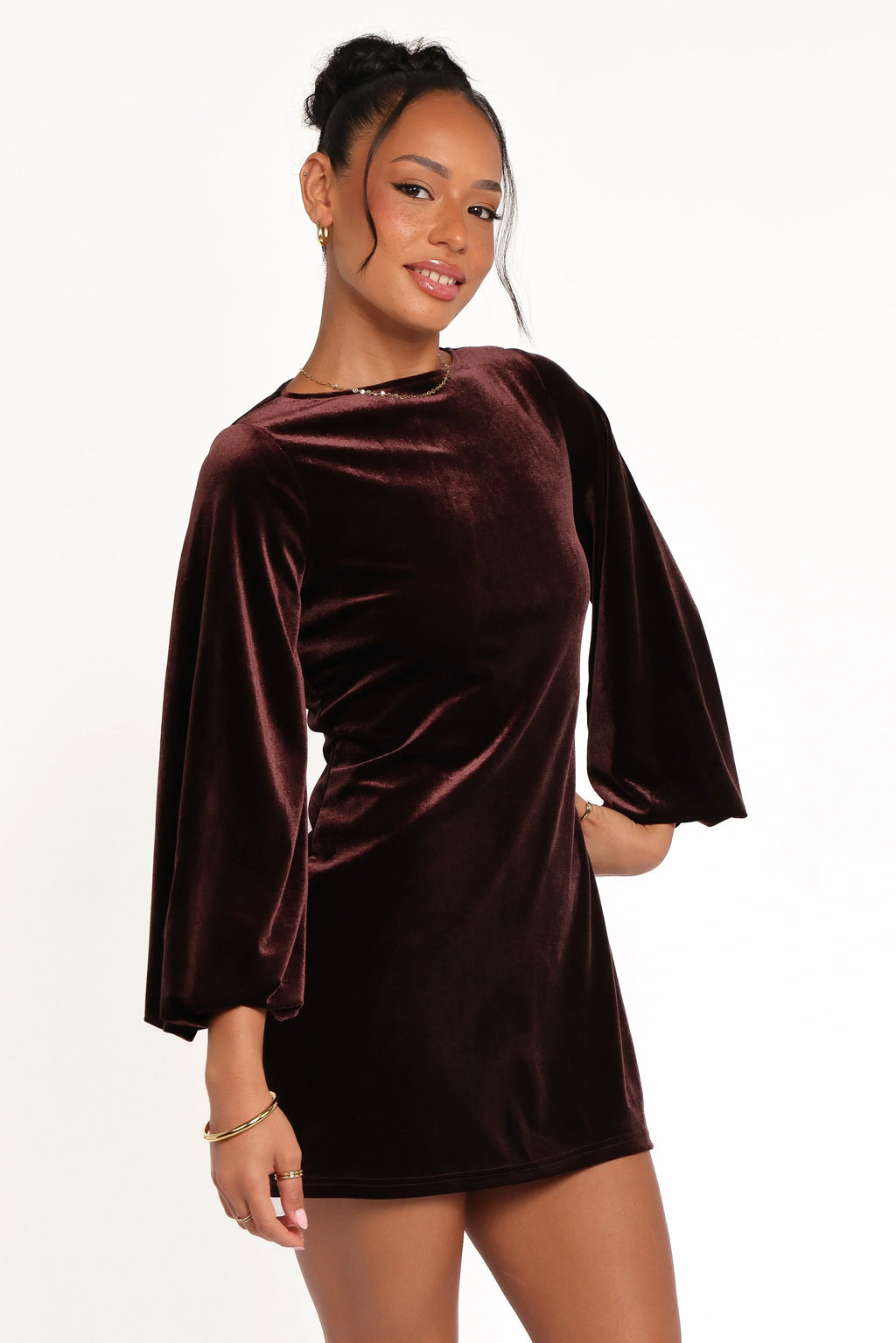 Mini-robe en velours Twylar à manches longues - Marron