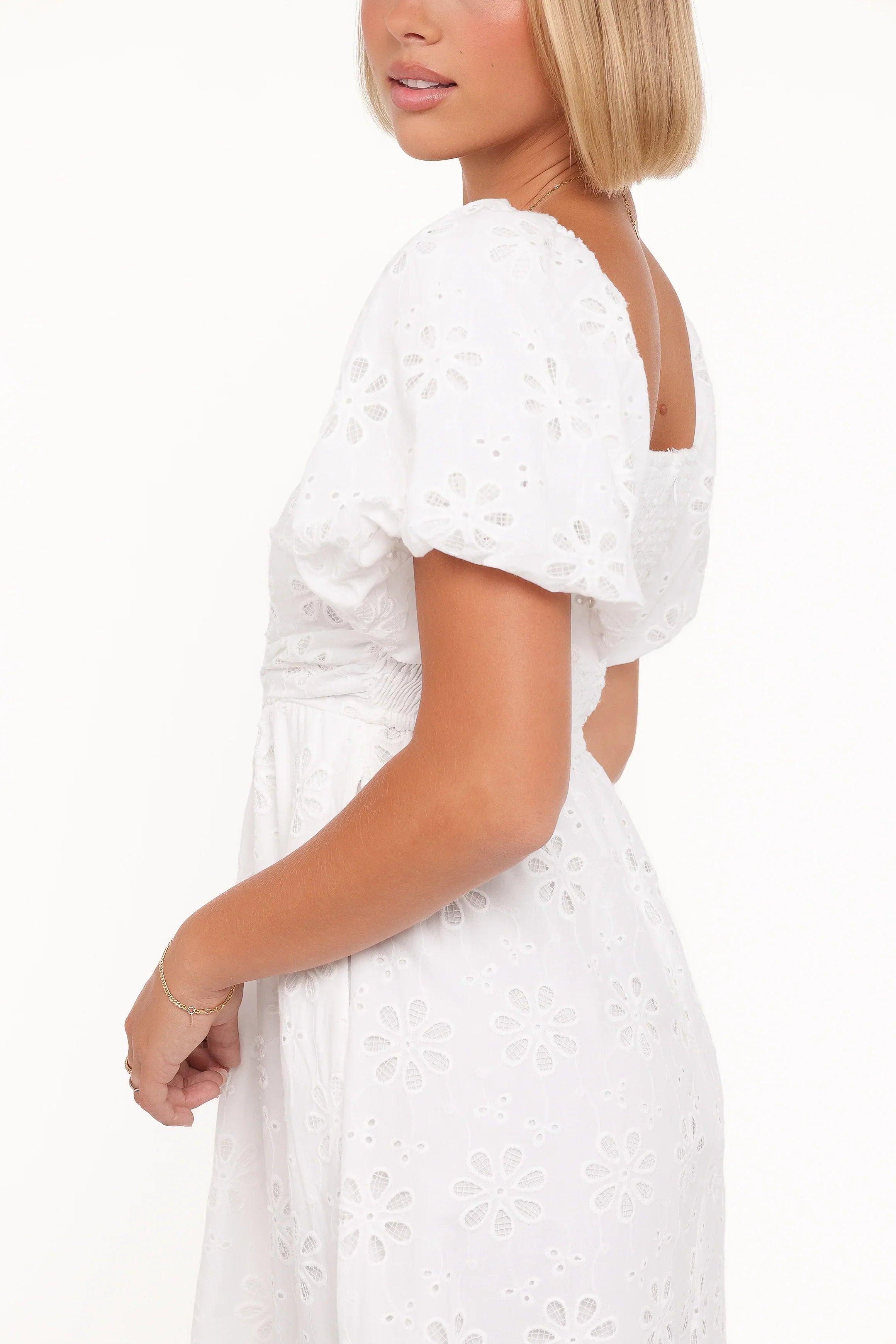 Clo Puff Sleeve Midi Dress - White Broderie