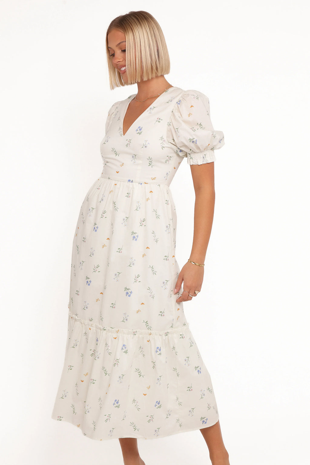 Robe mi-longue Steele à manches bouffantes – Motif floral
