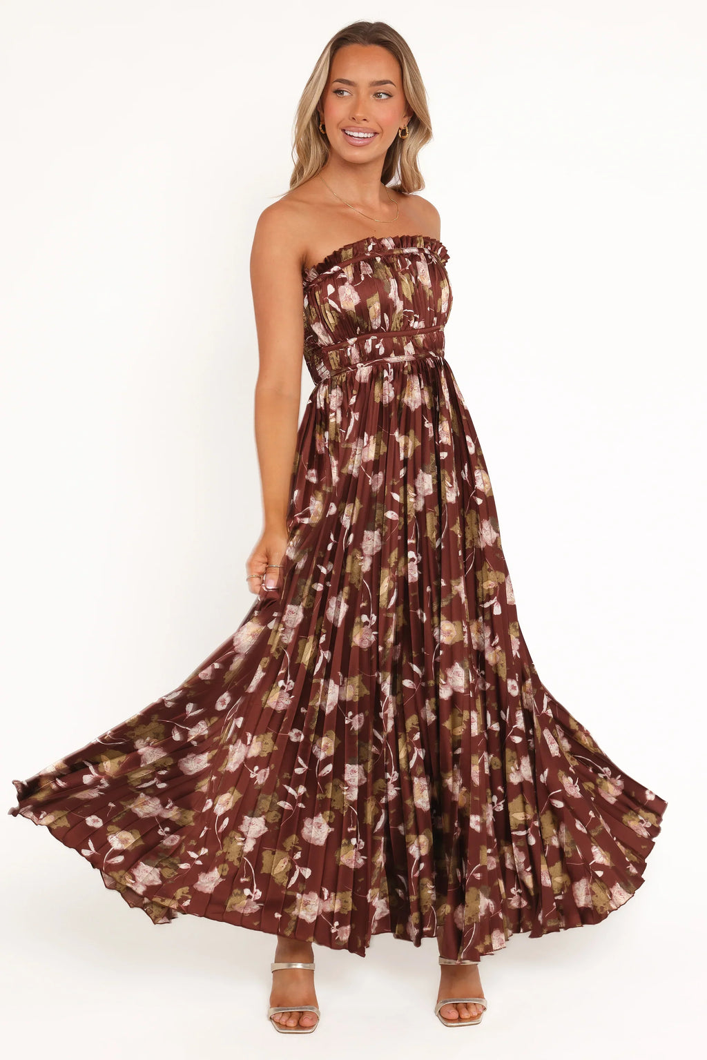 Robe longue bustier Angelique - Imprimé floral marron