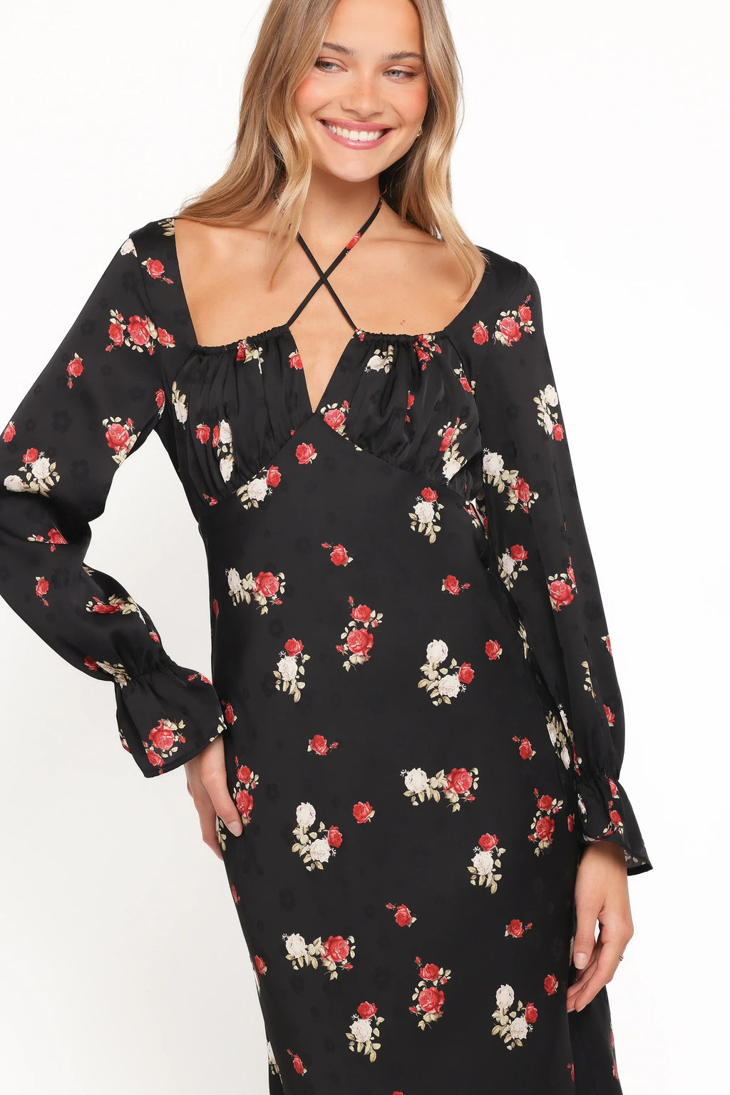 Robe longue Pauline à manches longues - Imprimé fleuri noir