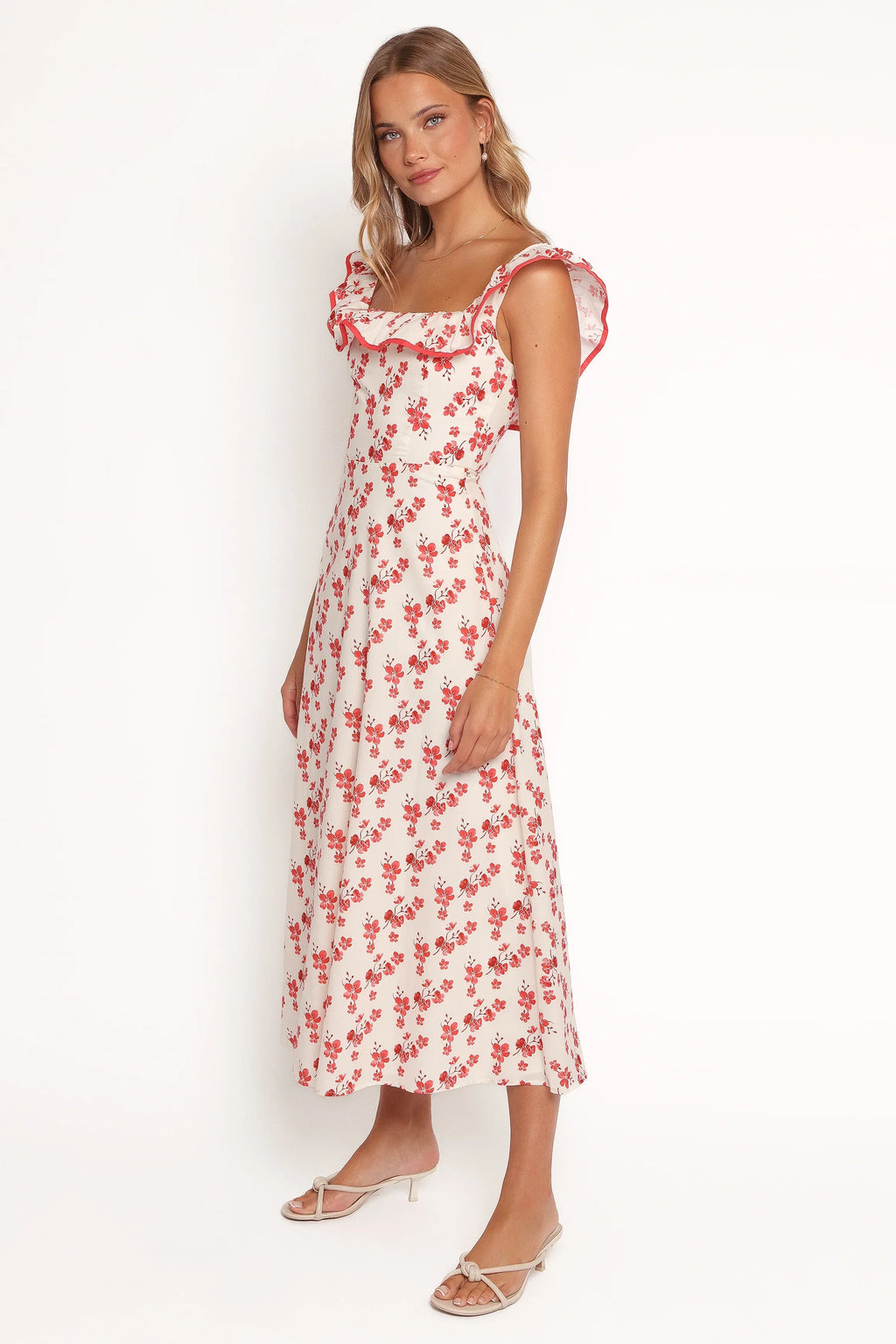 Robe longue Lucille – Motif floral rouge