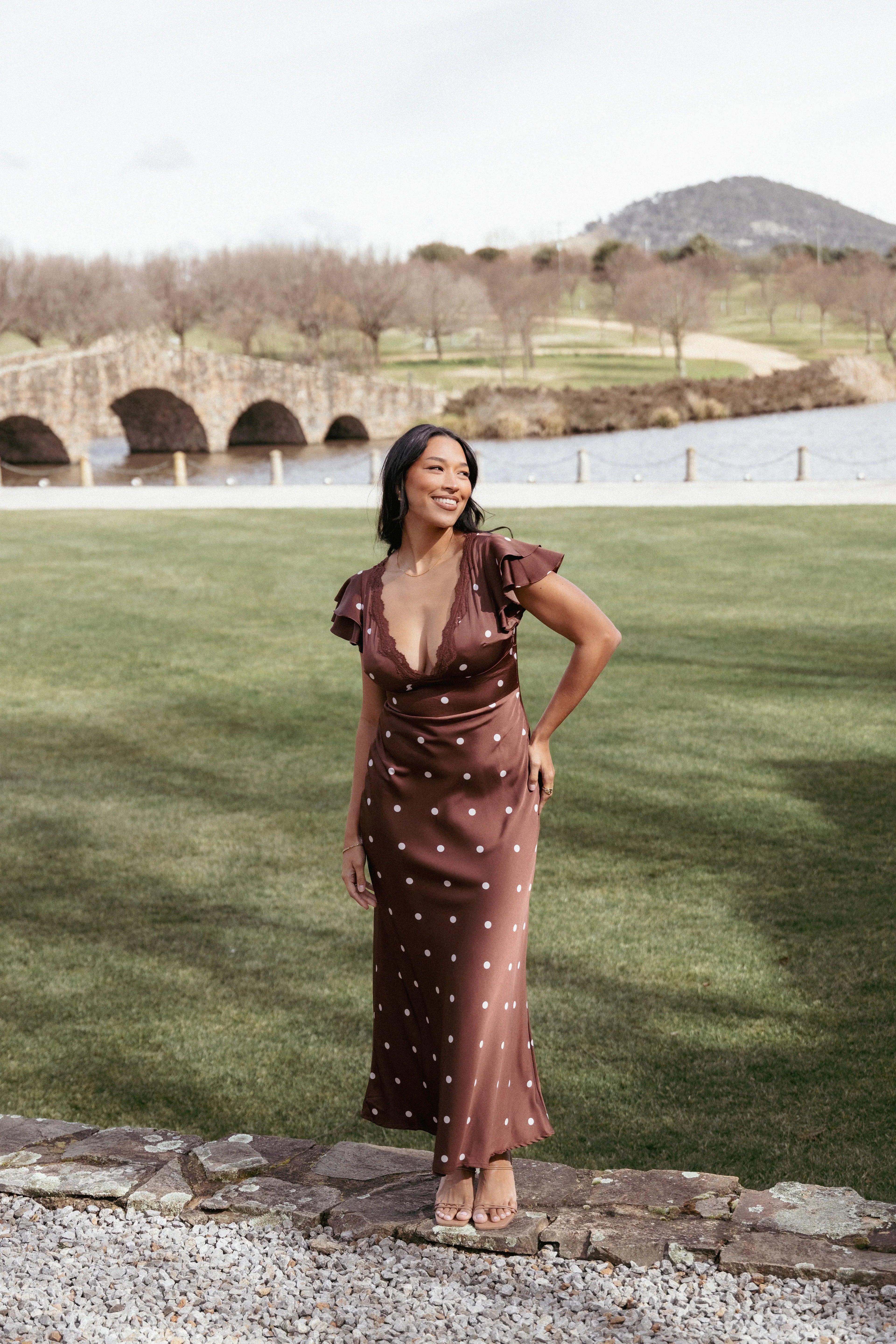 Robe longue Arella - Marron à pois