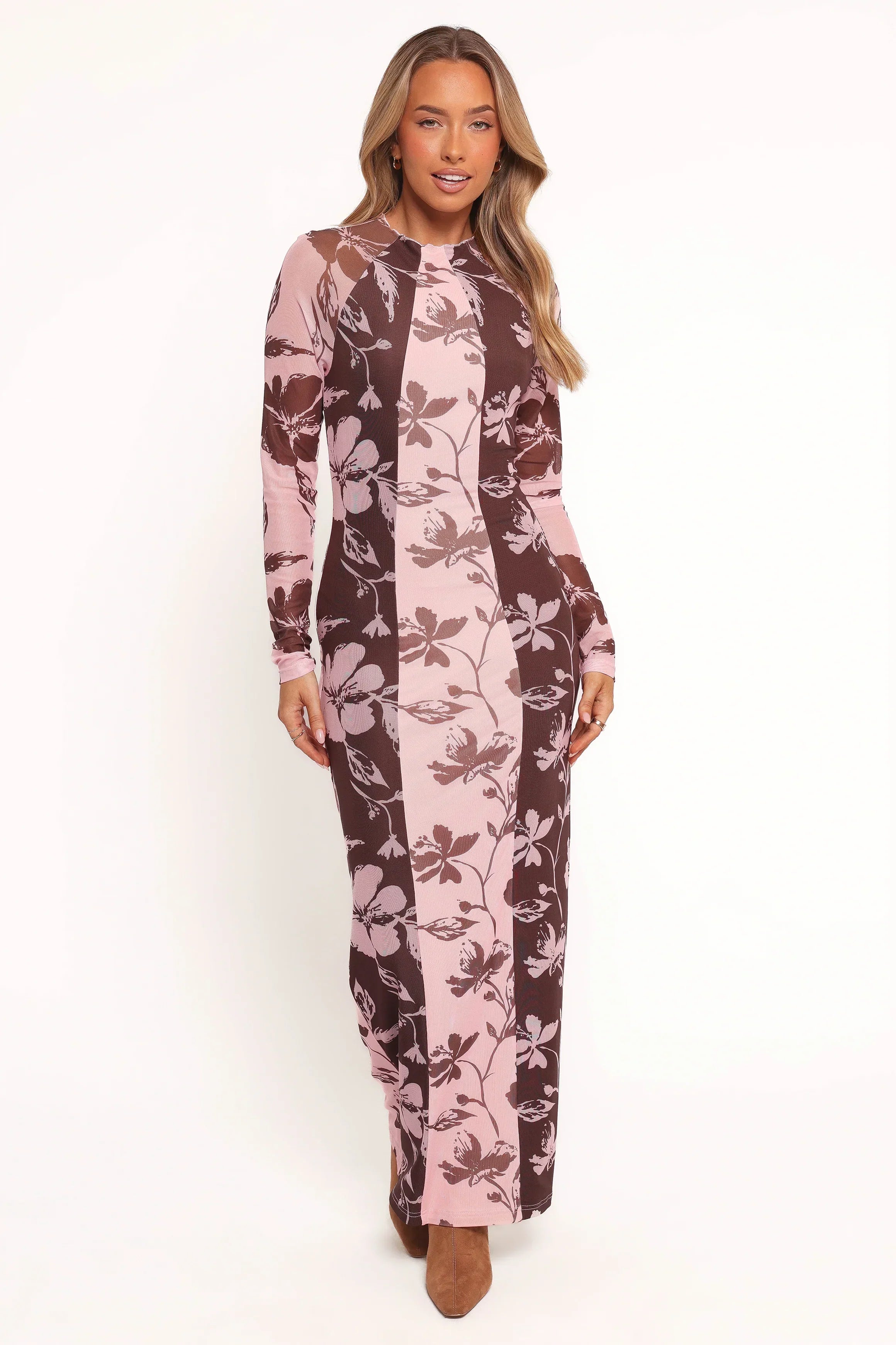 Robe longue Bellatrix en fleurs roses et marron