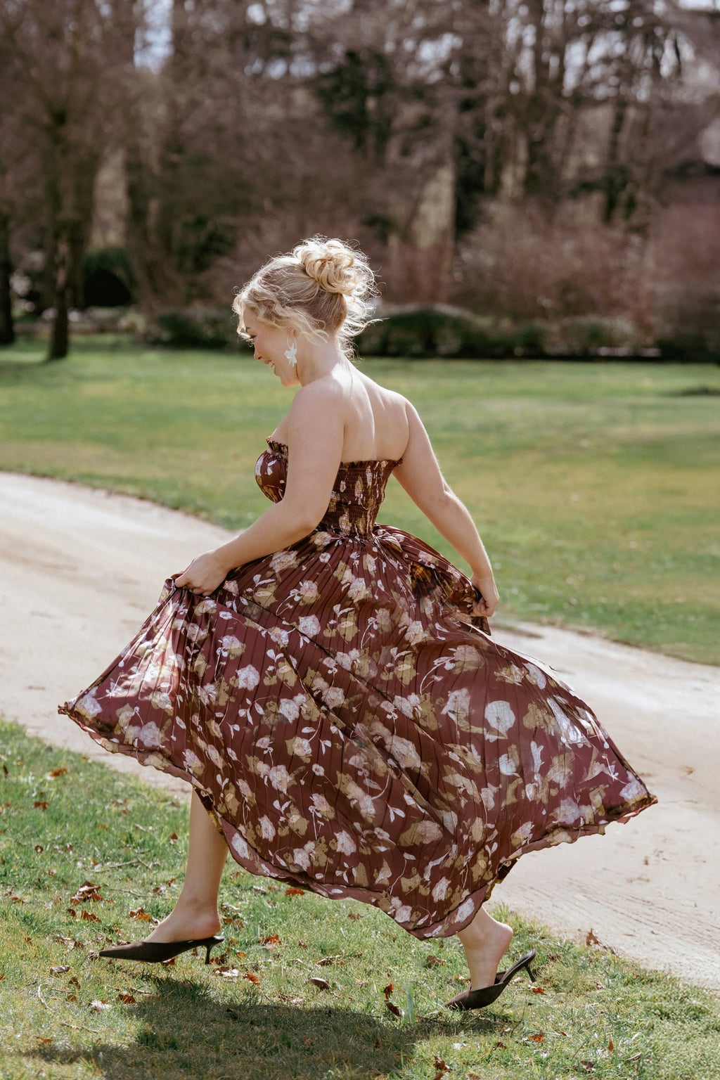Robe longue bustier Angelique - Imprimé floral marron