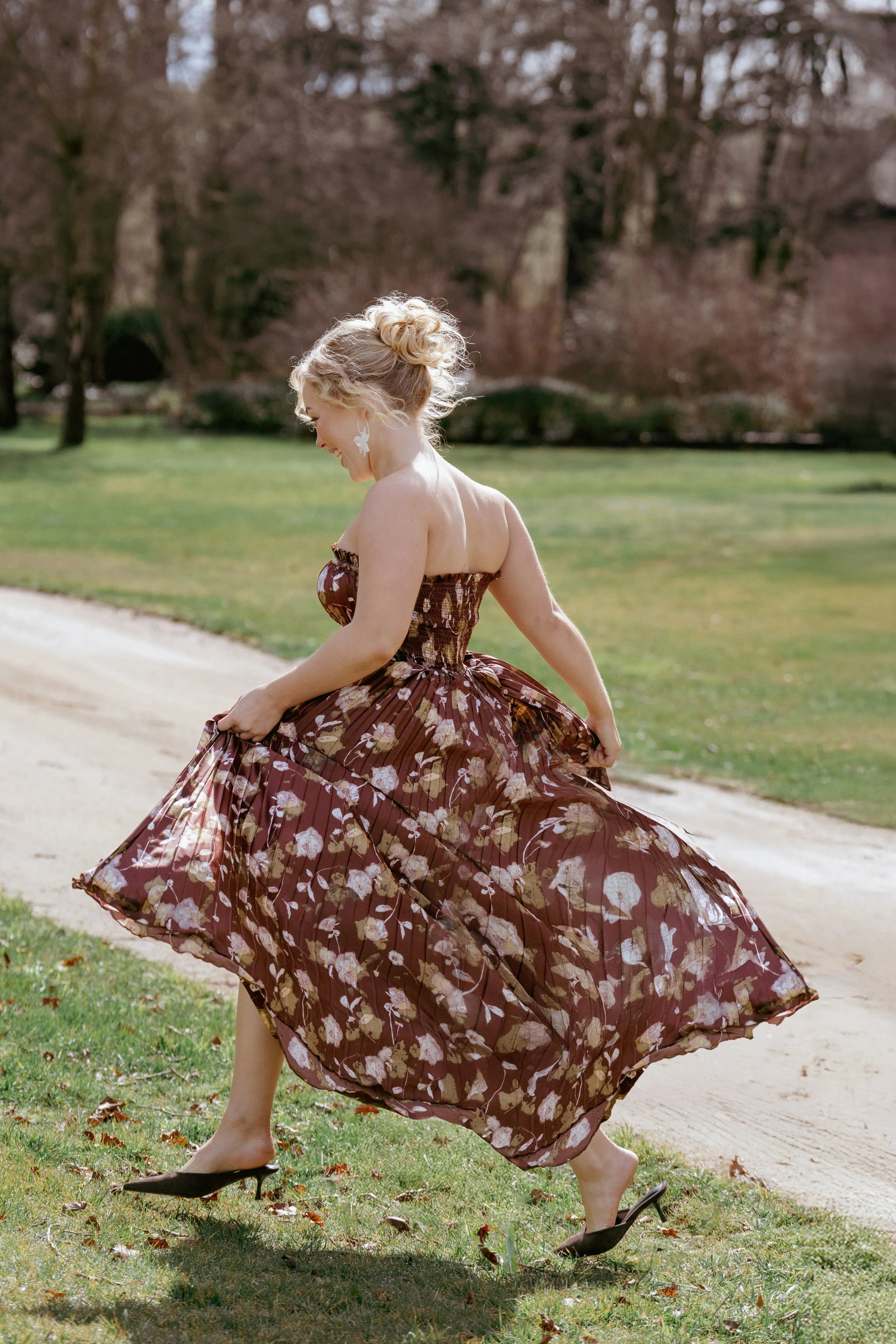 Robe longue bustier Angelique - Imprimé floral marron