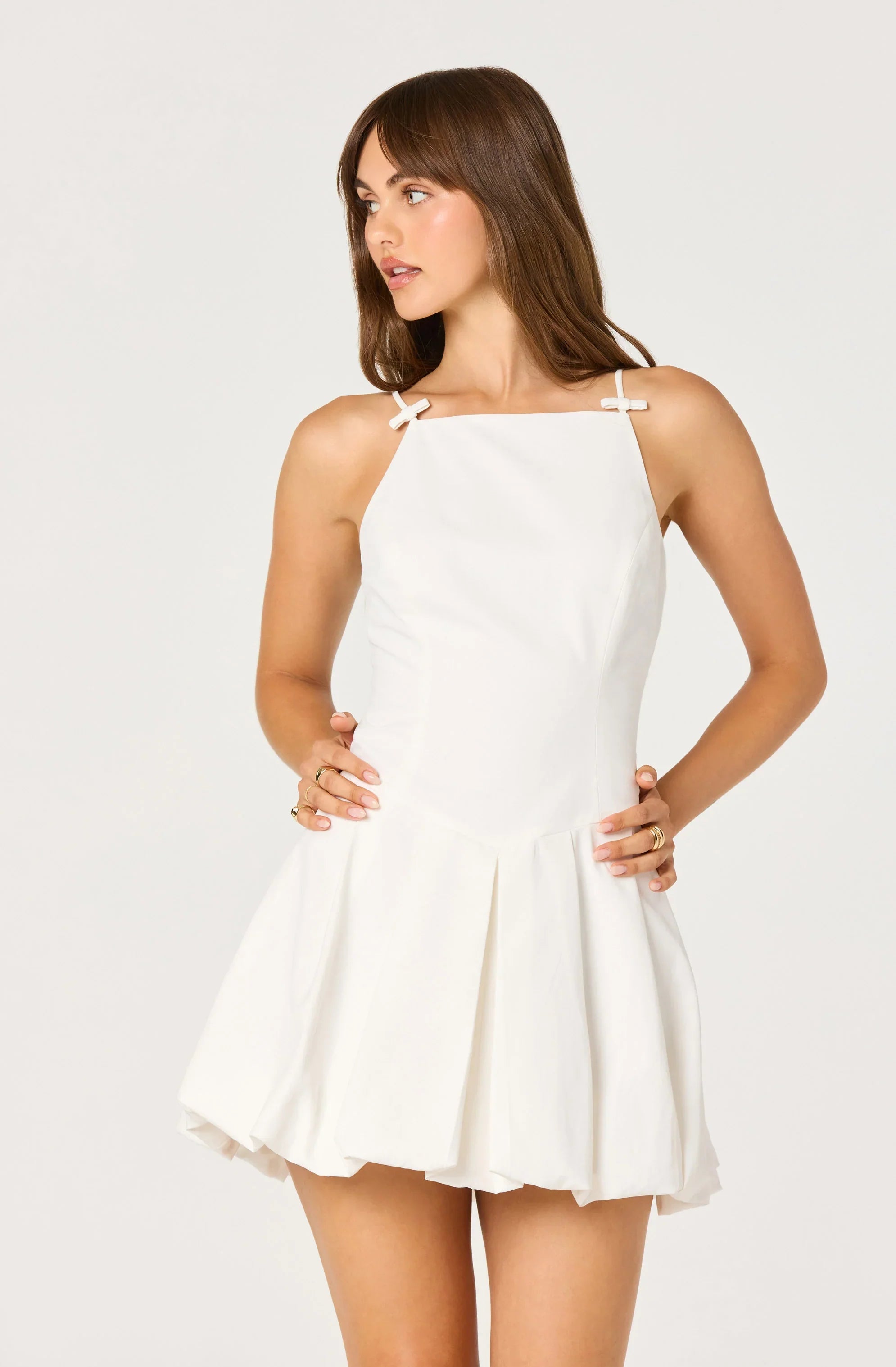 Tionna Bow-Detail Apron Neck Bubble Mini Dress