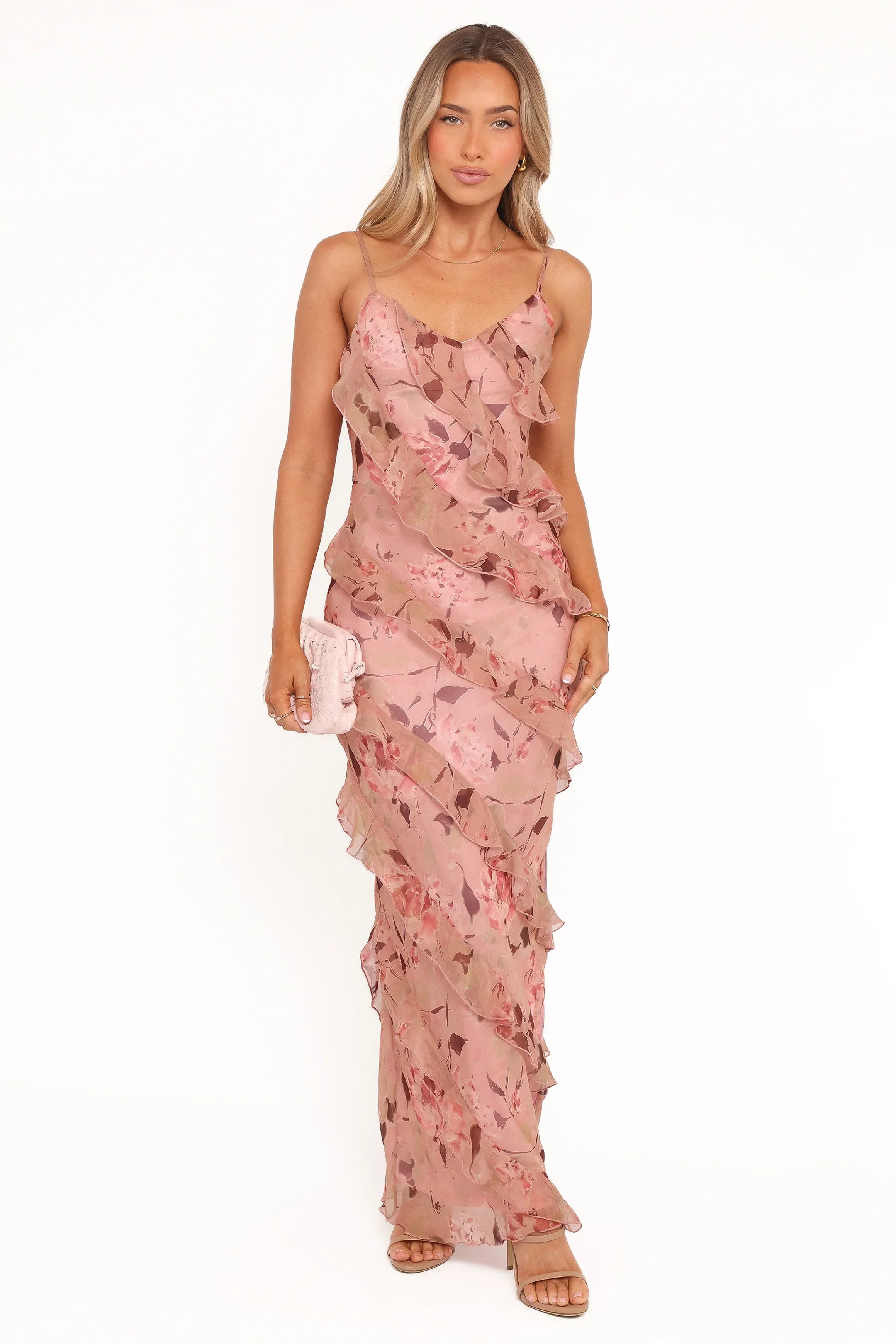 Robe longue volantée Ciao - Imprimé fleuri rose pâle