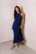 Robe longue plissée à col montant Melody - Marine